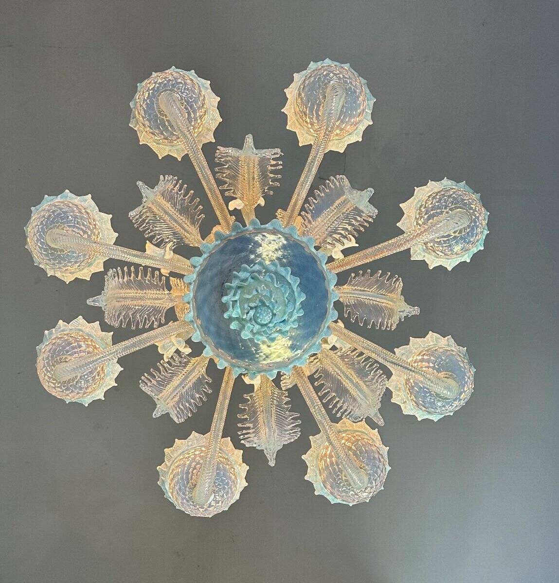 Venetian Chandelier In Murano Glass Two Tones Of Blue, Circa 1940, 8 Arms Of Light