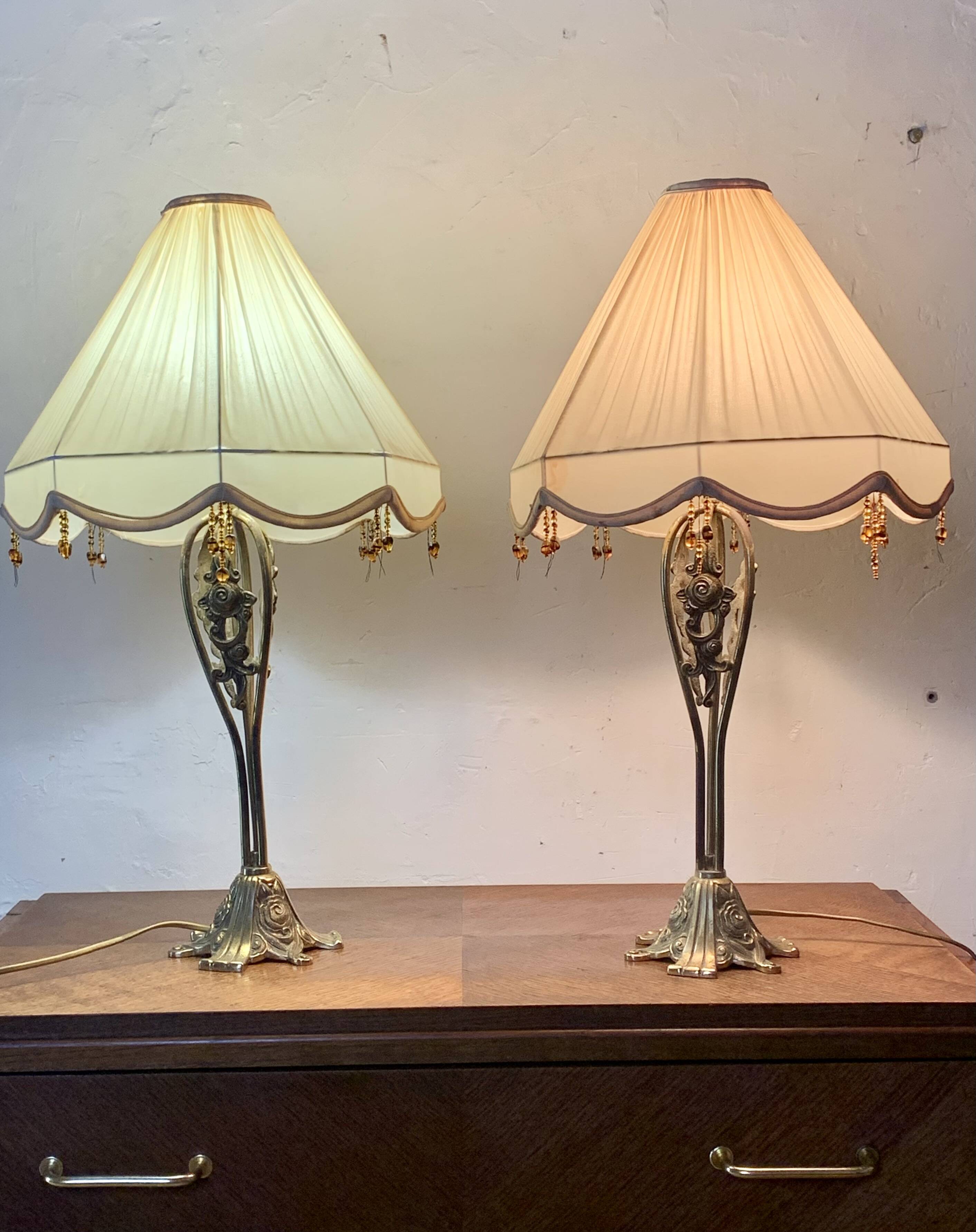 Pair of vintage brass table lamps in art nouveau style