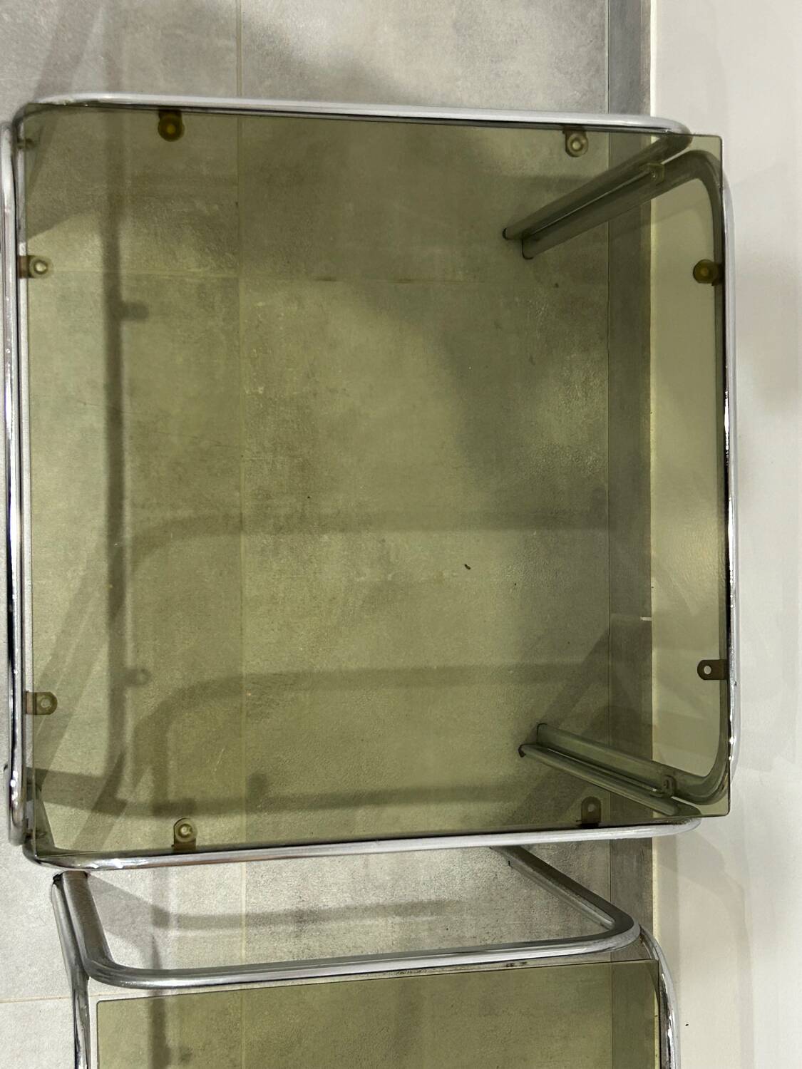 Nest of tables in chrome and smoked glass, set of 2.