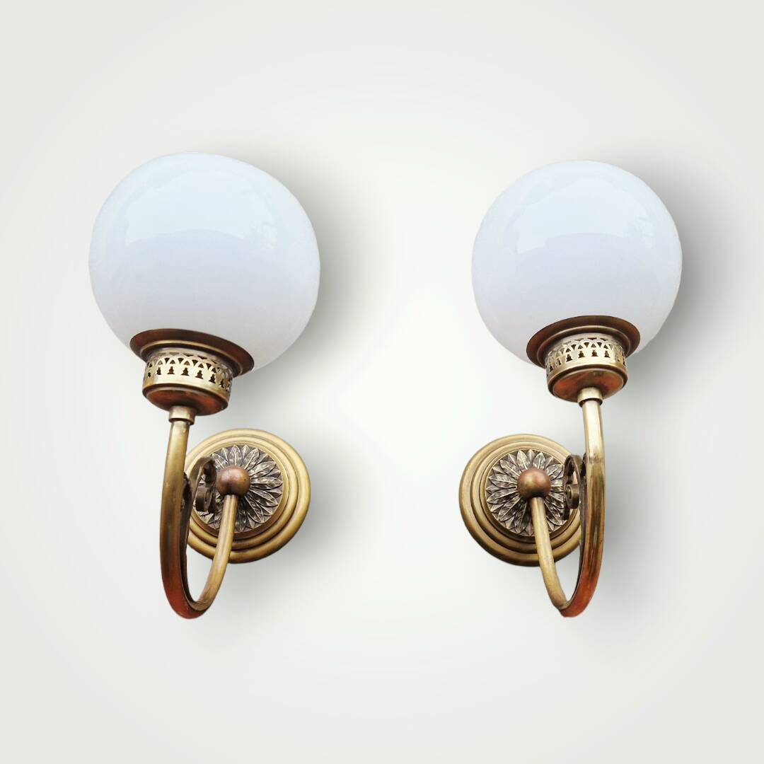 Pair of Napoleon III style brass and opaline wall lights