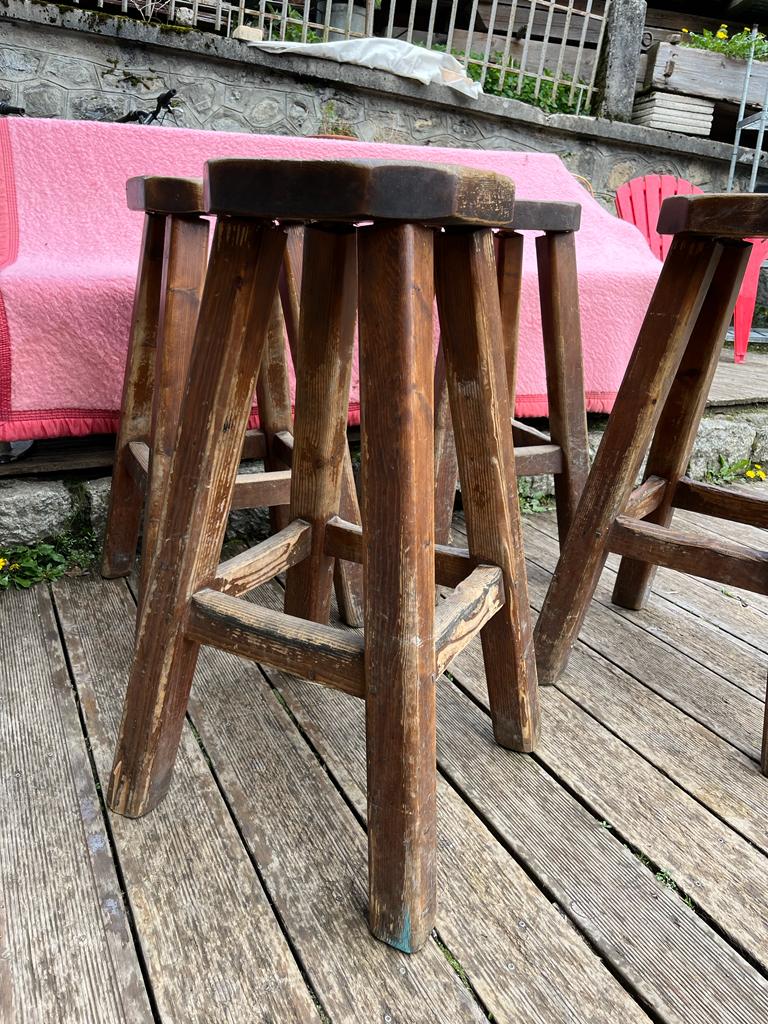 Set of 4 old vintage brutalist fir bar stools