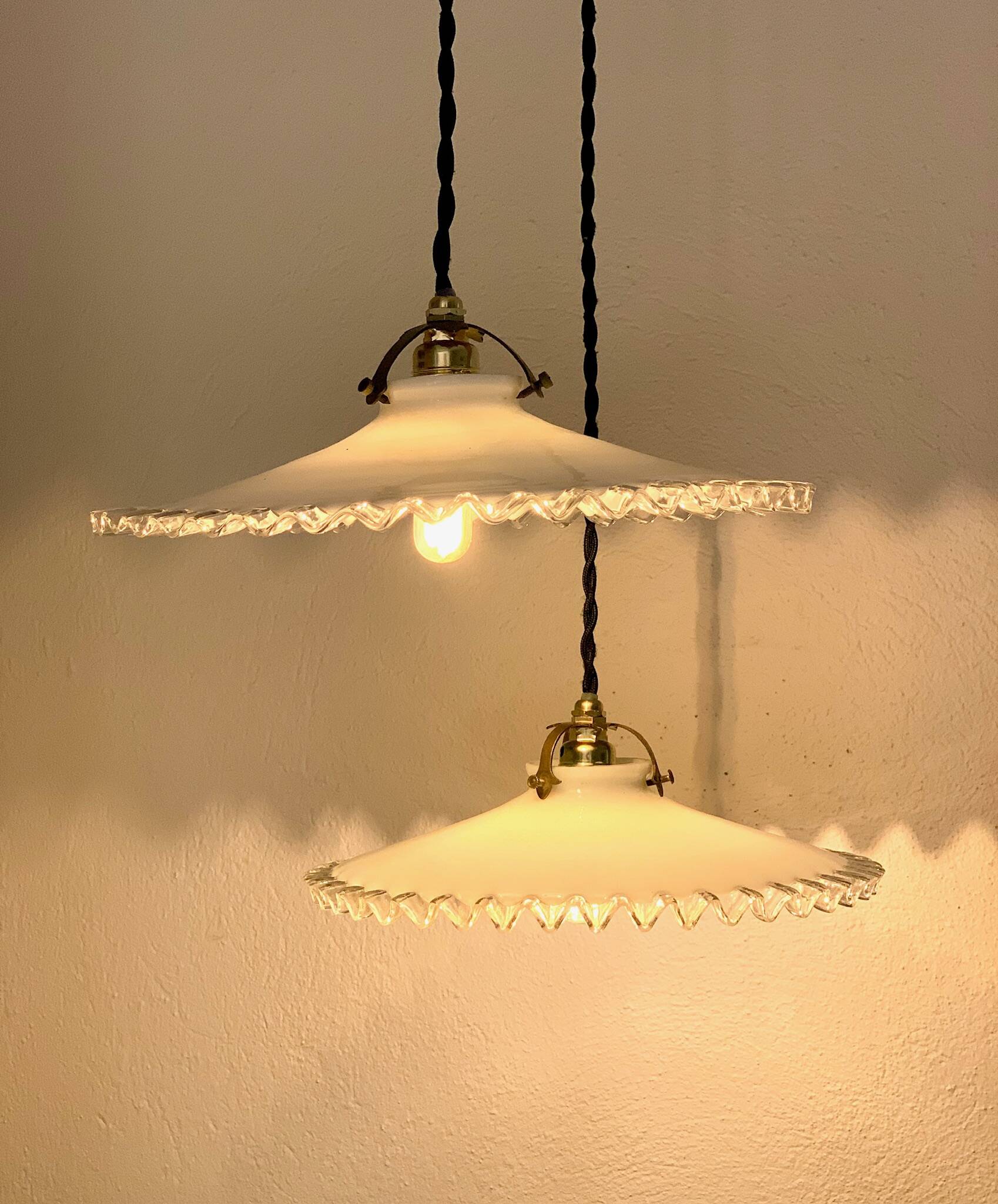 Pair of bistro pendant lights in serrated opaline