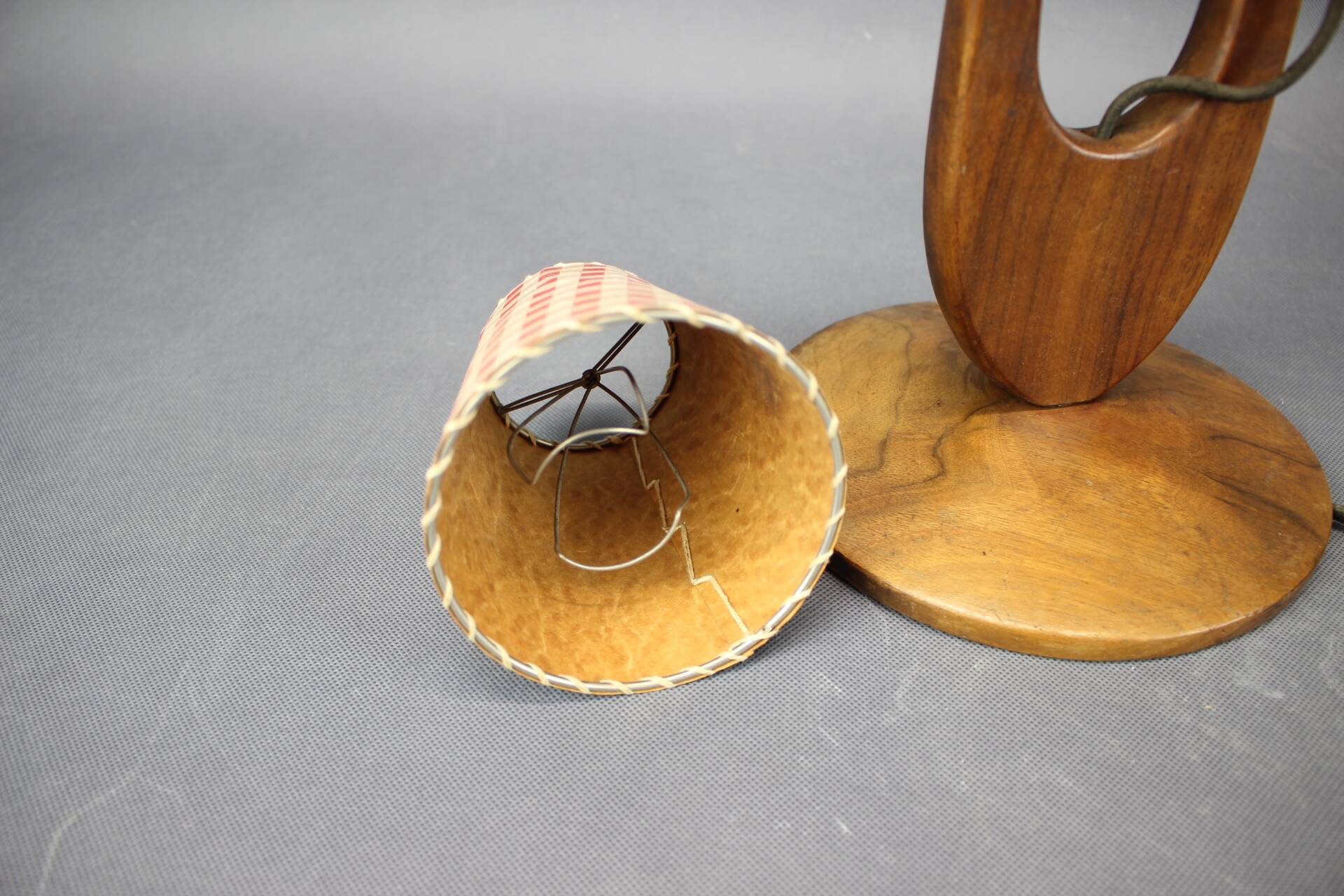 Mid-century adjustable wooden table lamp with checked shade, Czechoslovakia