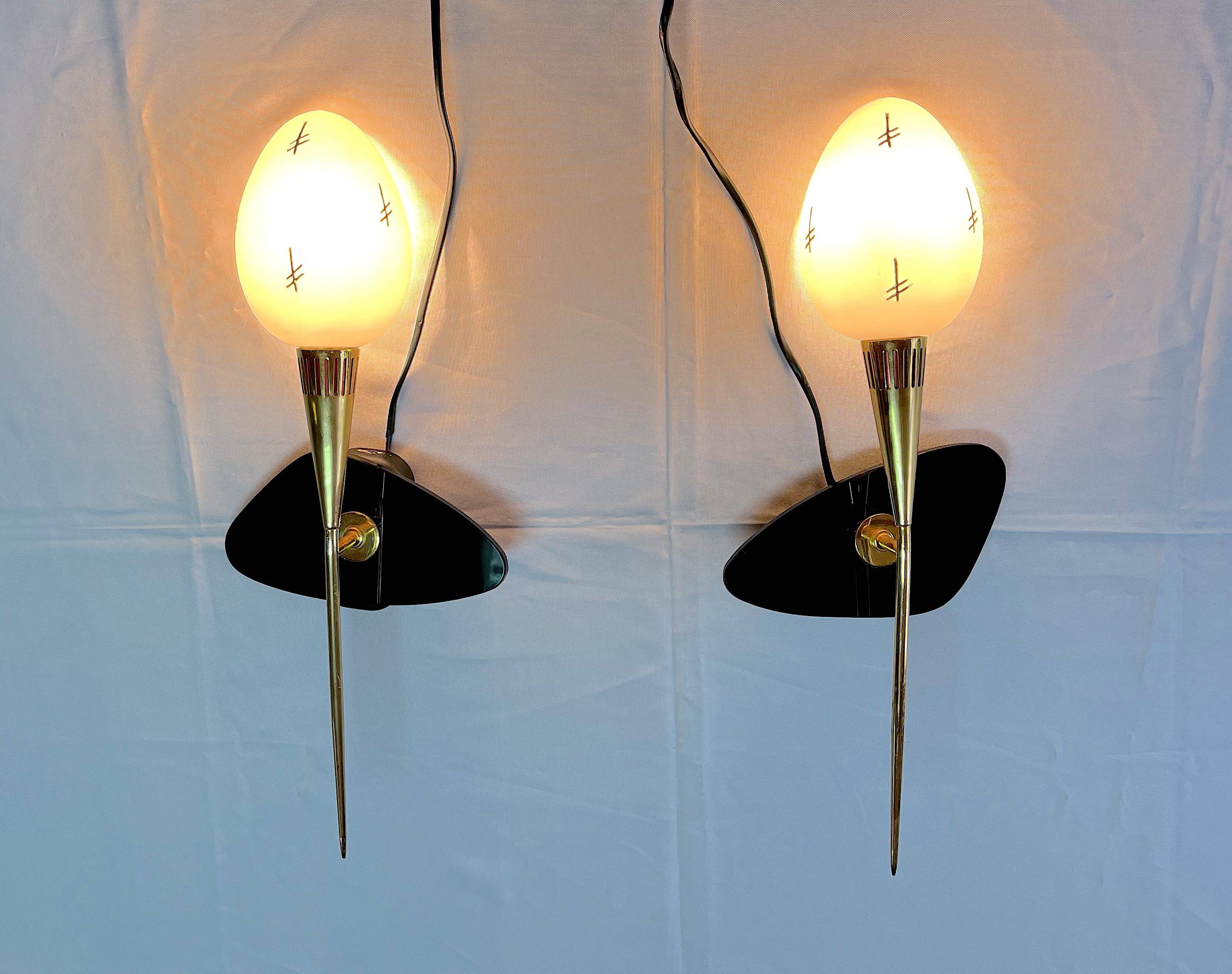 Maison Arlus Pair of brass and black wall sconces, France Mid-Century