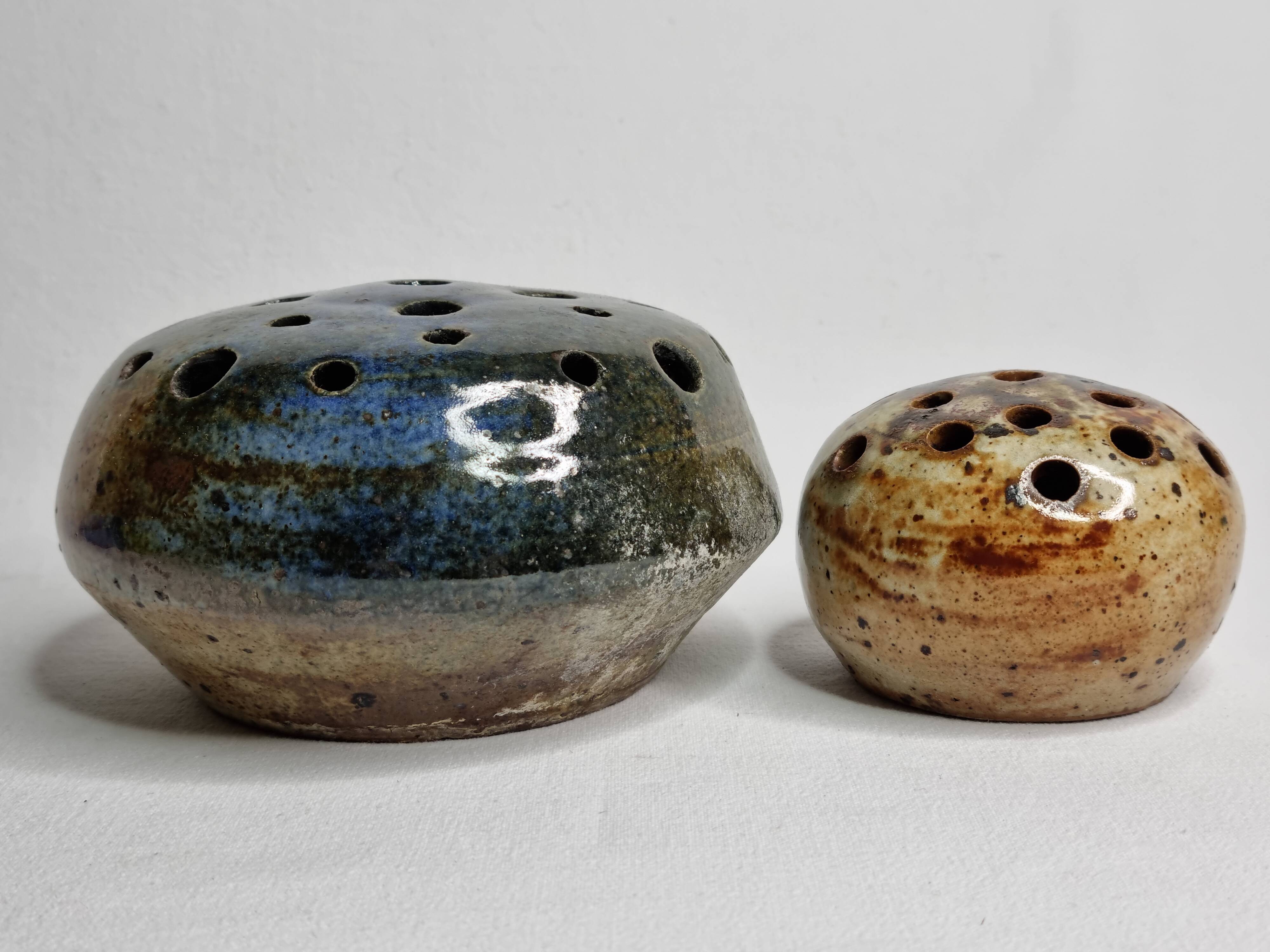 Set of two enamelled stoneware flower vases from "Vezelay" signed