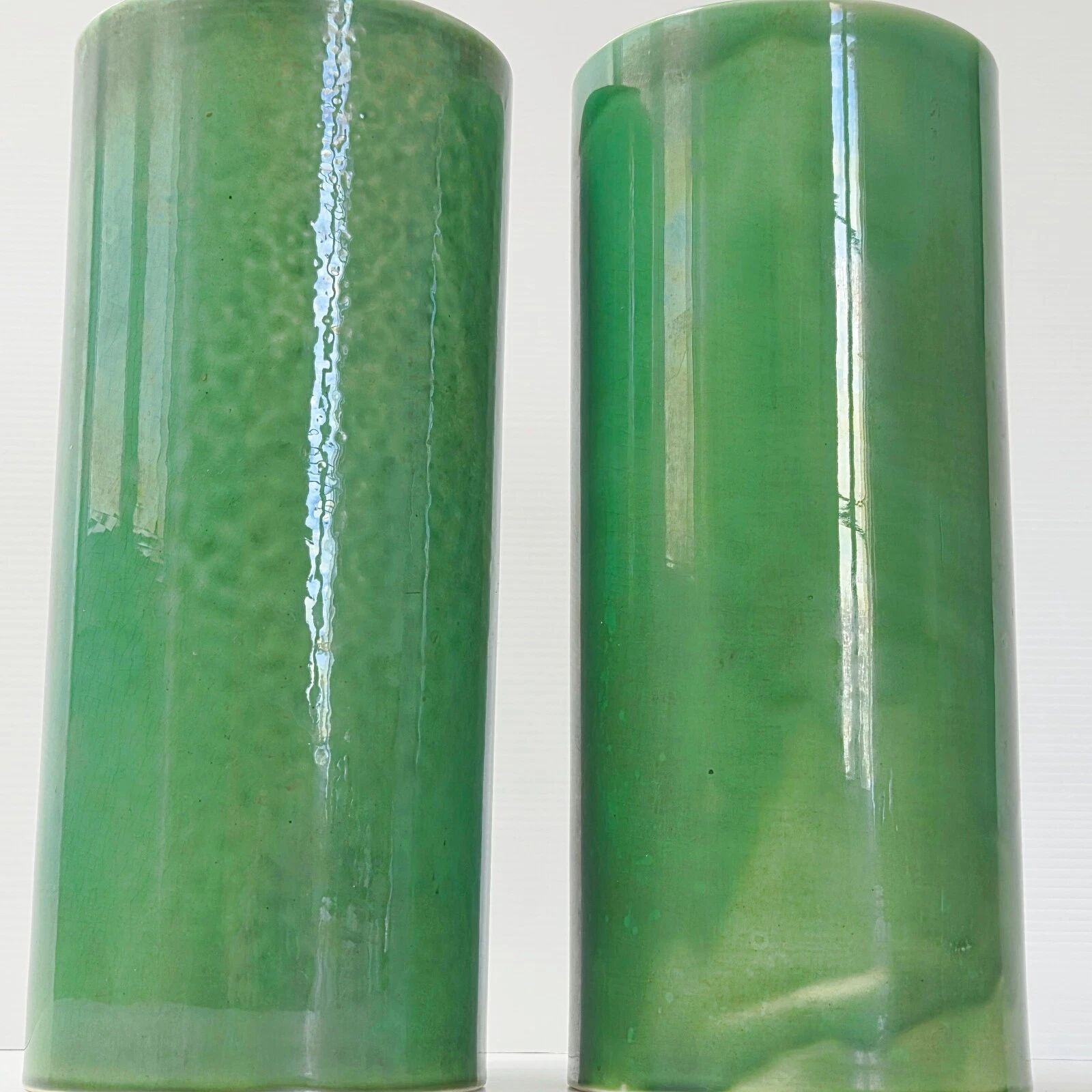 Pair of vintage 1950 rolled vases green ceramic signed 50s 1950s
