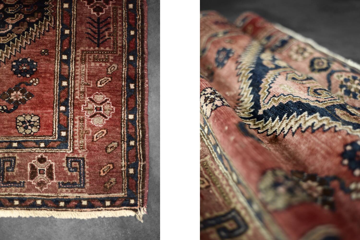 Vintage Hamadan Kamse oriental rug, handwoven in the Middle East, 1960s.