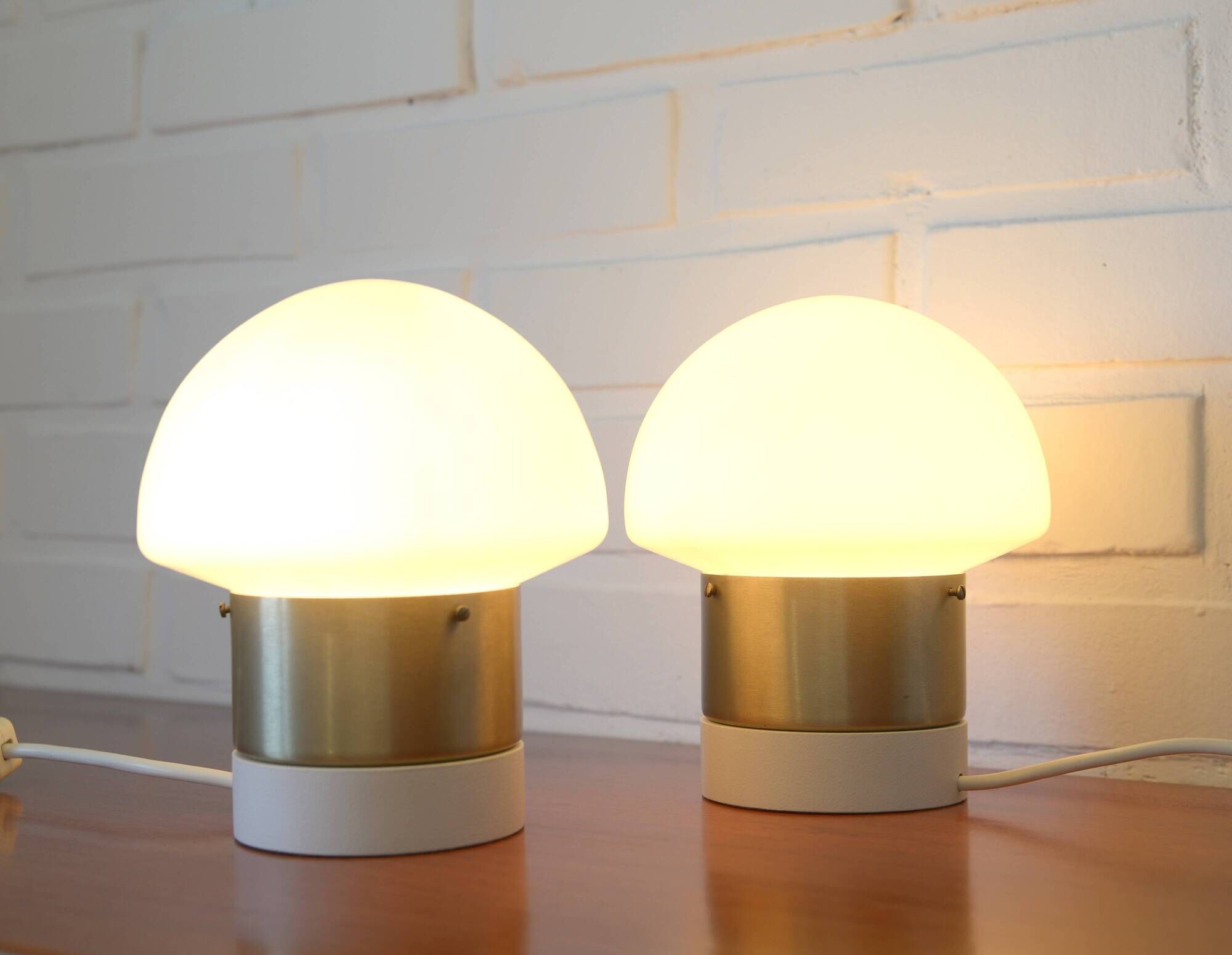 Pair of Mid Century Modern Bedside Lights Mushroom Milk Glass Lamps