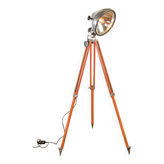Vintage Industrial Bosch Eisemann Firetruck Spotlight on Wooden surveyors Tripod
