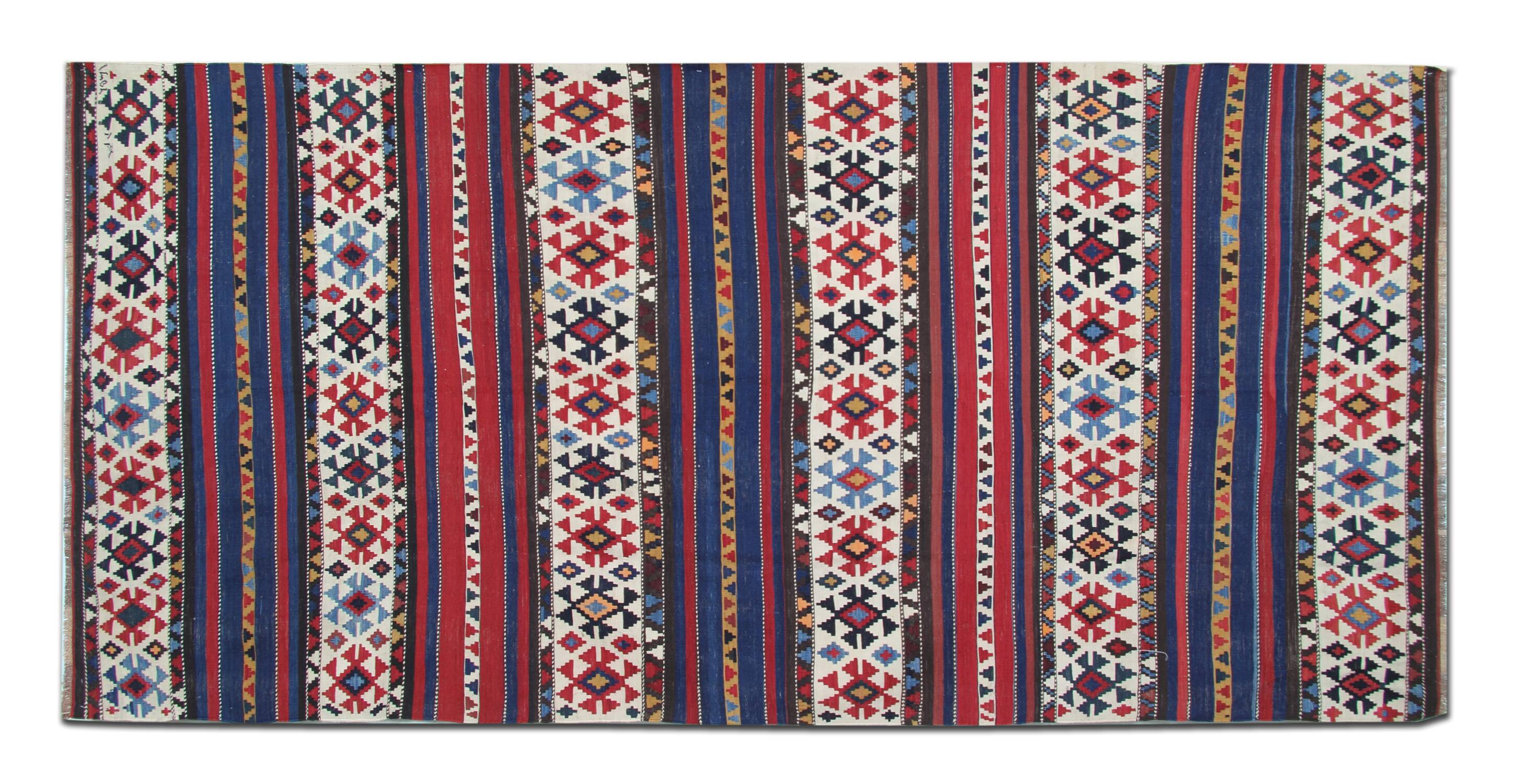 Shirvan Kilim Runner 1940s, Tribal Wool Striped Geometric Rug 340x160cm