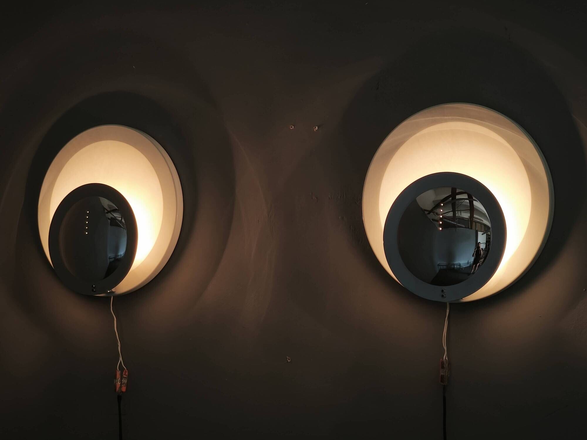 Pair of Italian Space Age Chrome and White Wall Lights, 1970s