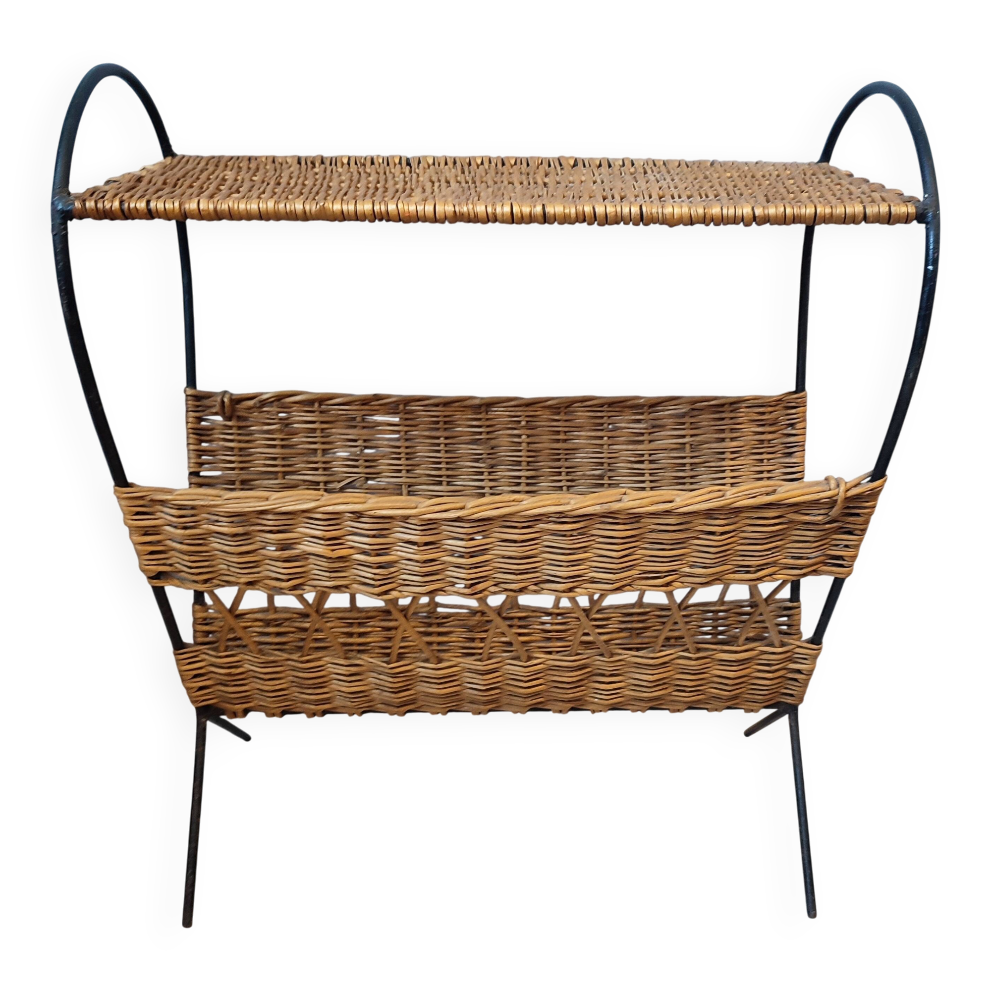 Antique magazine rack made of iron and woven rattan wicker
