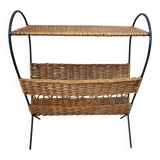 Antique magazine rack made of iron and woven rattan wicker