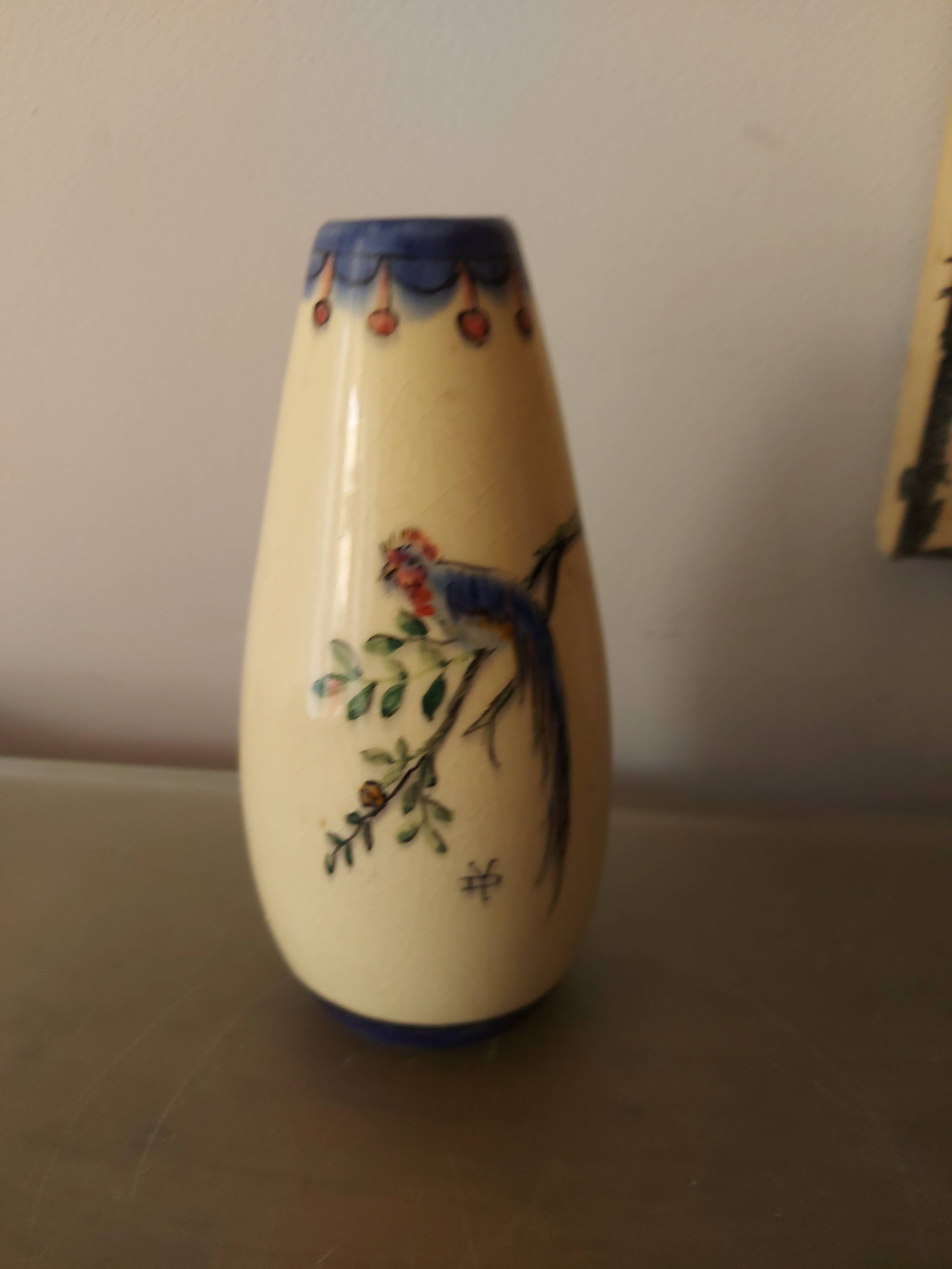 Signed art deco vase, bird of paradise décor