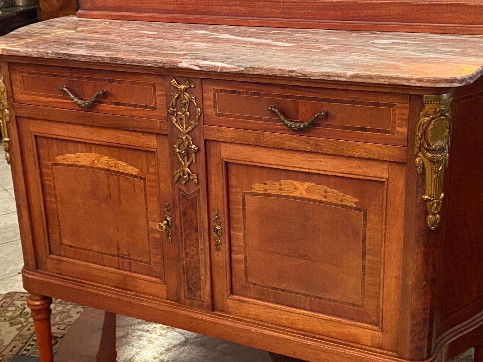 Desserte buffet with mirror background credenza and Louis XVI style marble top