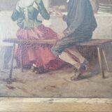 Couple seated at a table in an inn, signed oil on panel, 19th century