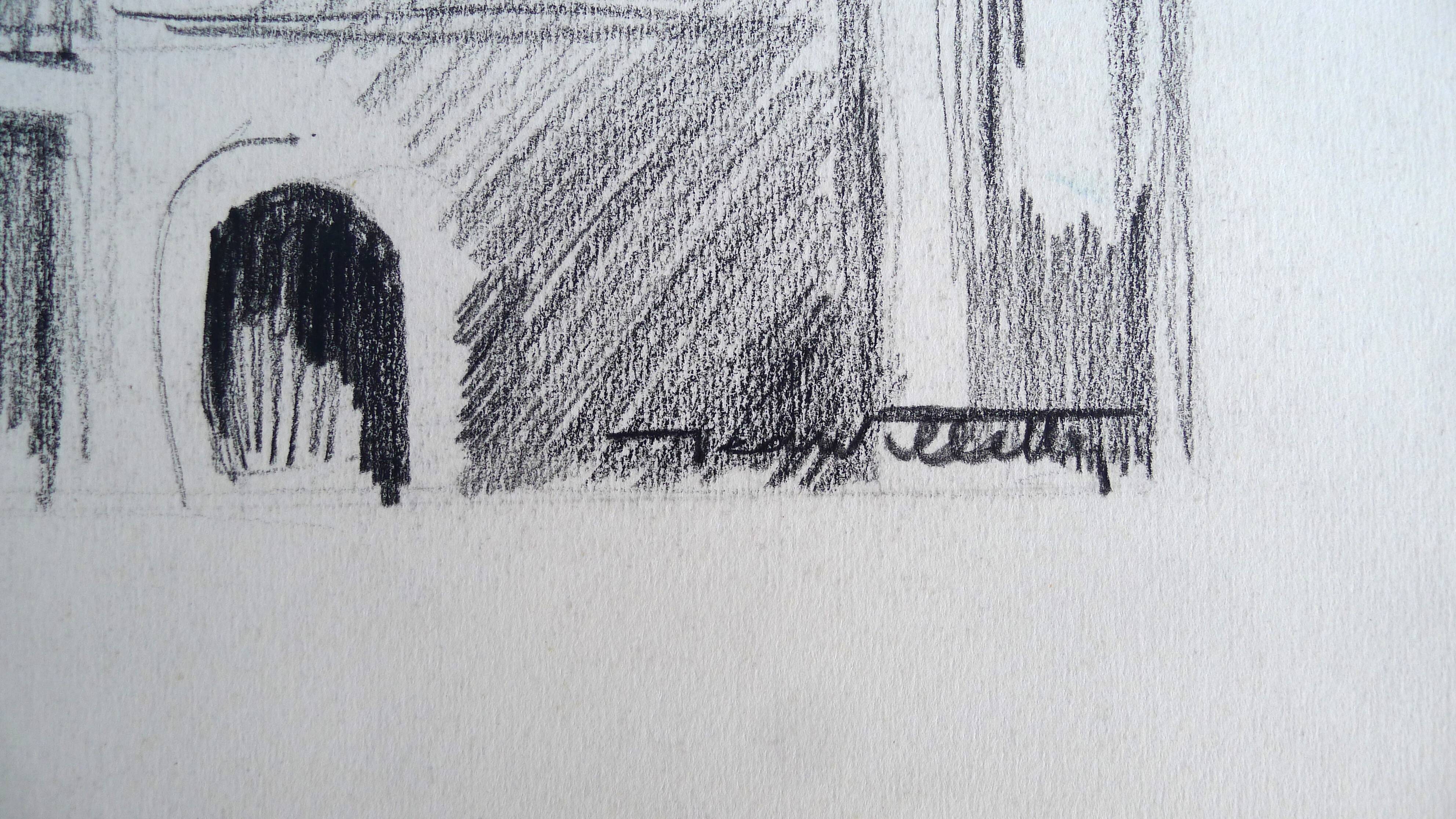 Uzerche, original black chalk drawing by Jean Villette (1913-2005)