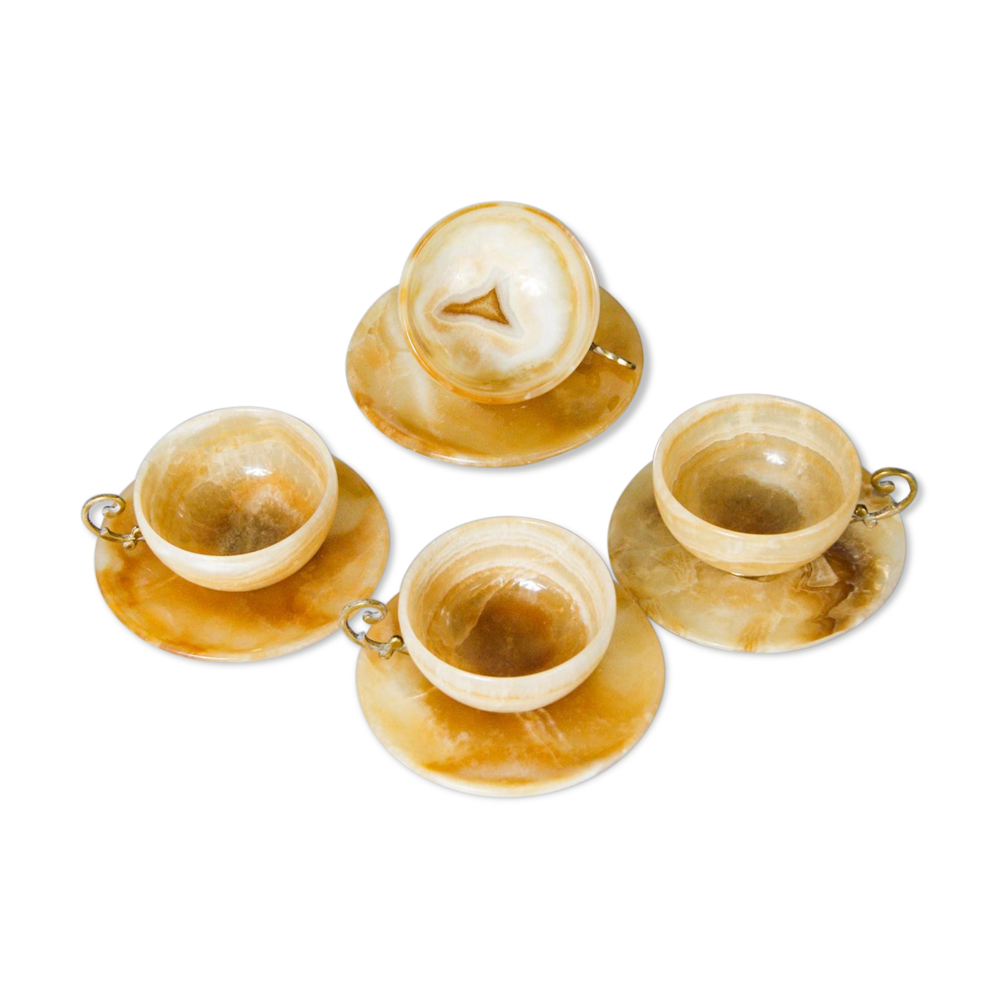 Set of 4 marble and brass espresso cups and saucers