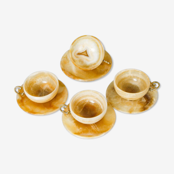 Set of 4 marble and brass espresso cups and saucers