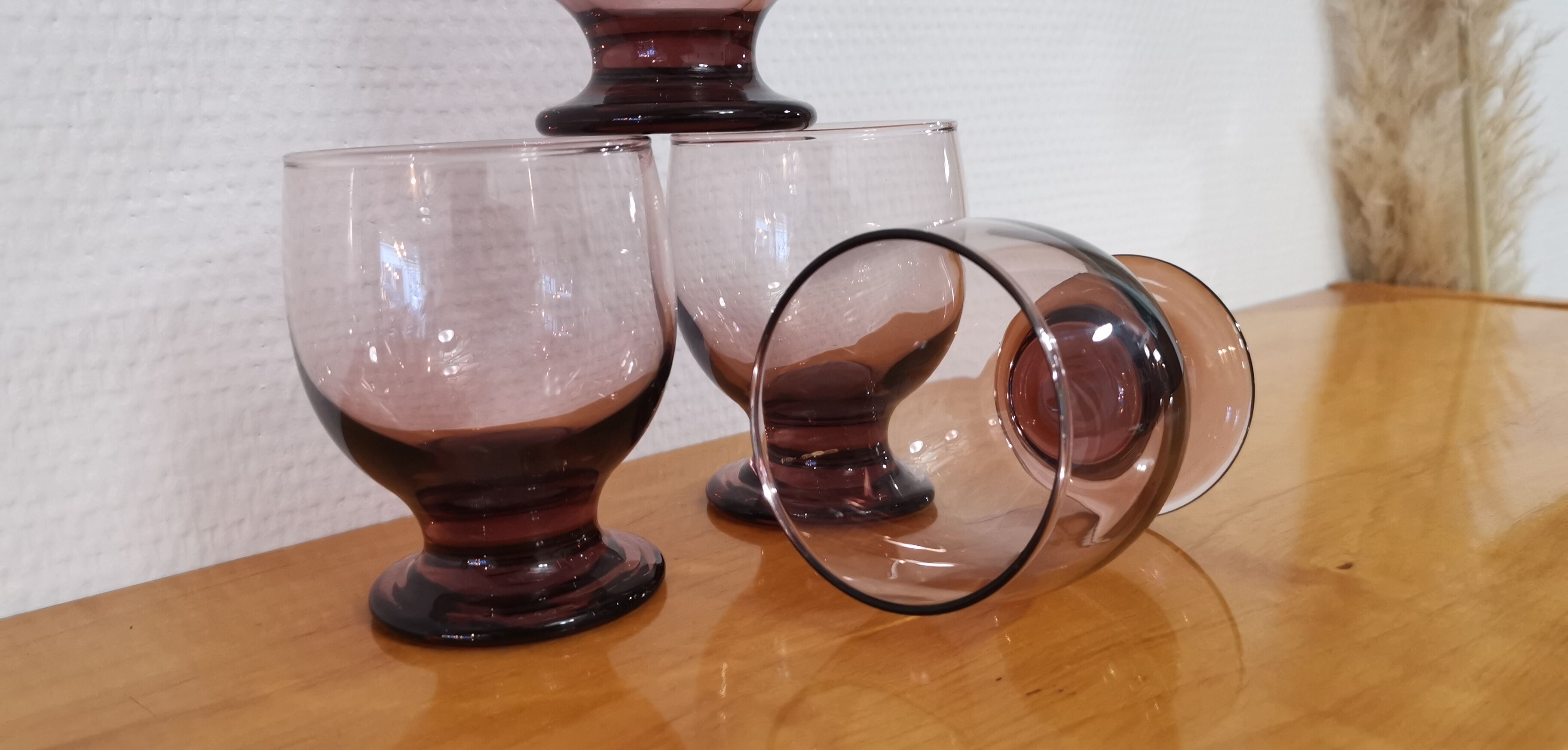 4 water glasses on foot pink purple vintage art deco
