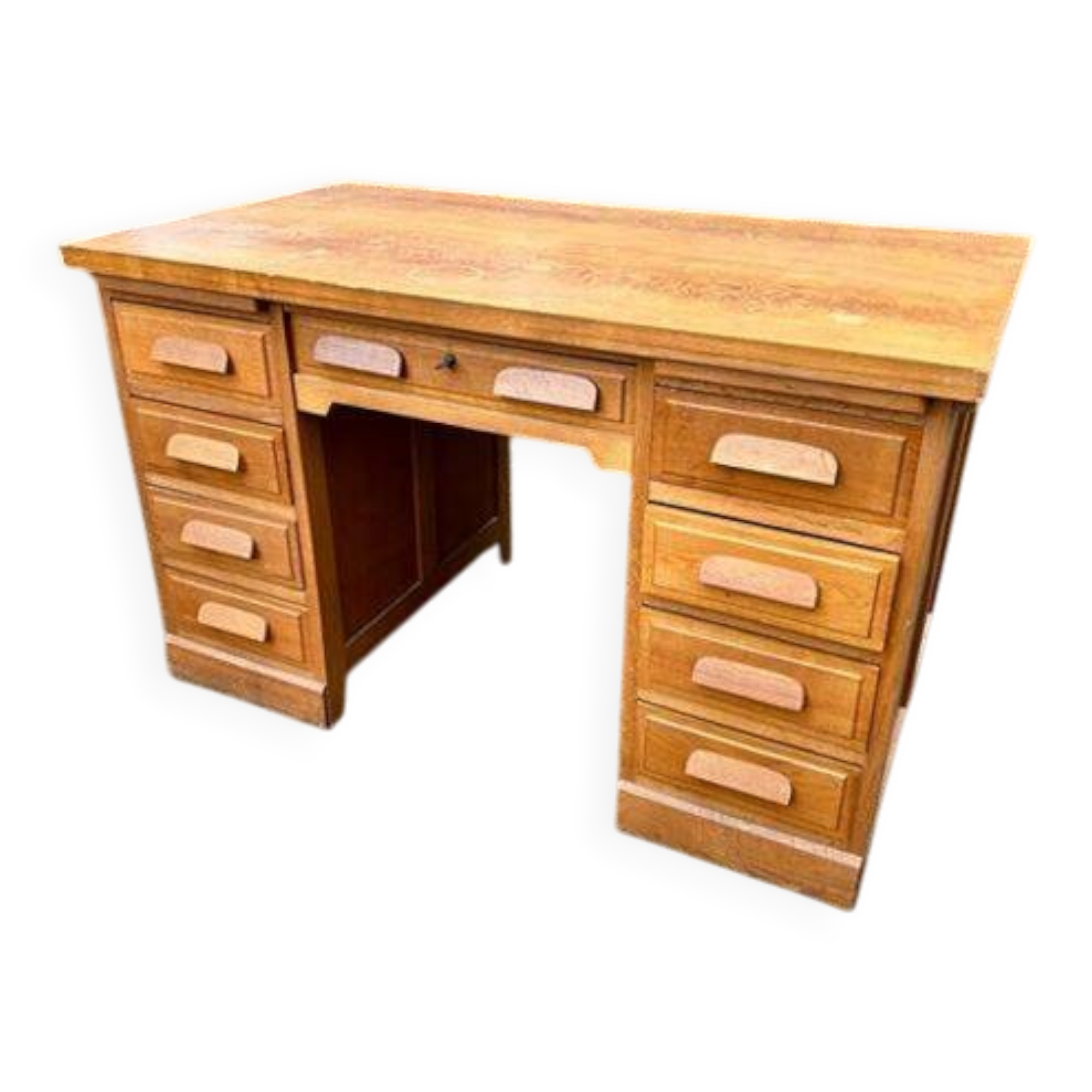 Petit bureau à caissons américain meuble ancien bois art décoratif deco années 50 indus métier atelier administration