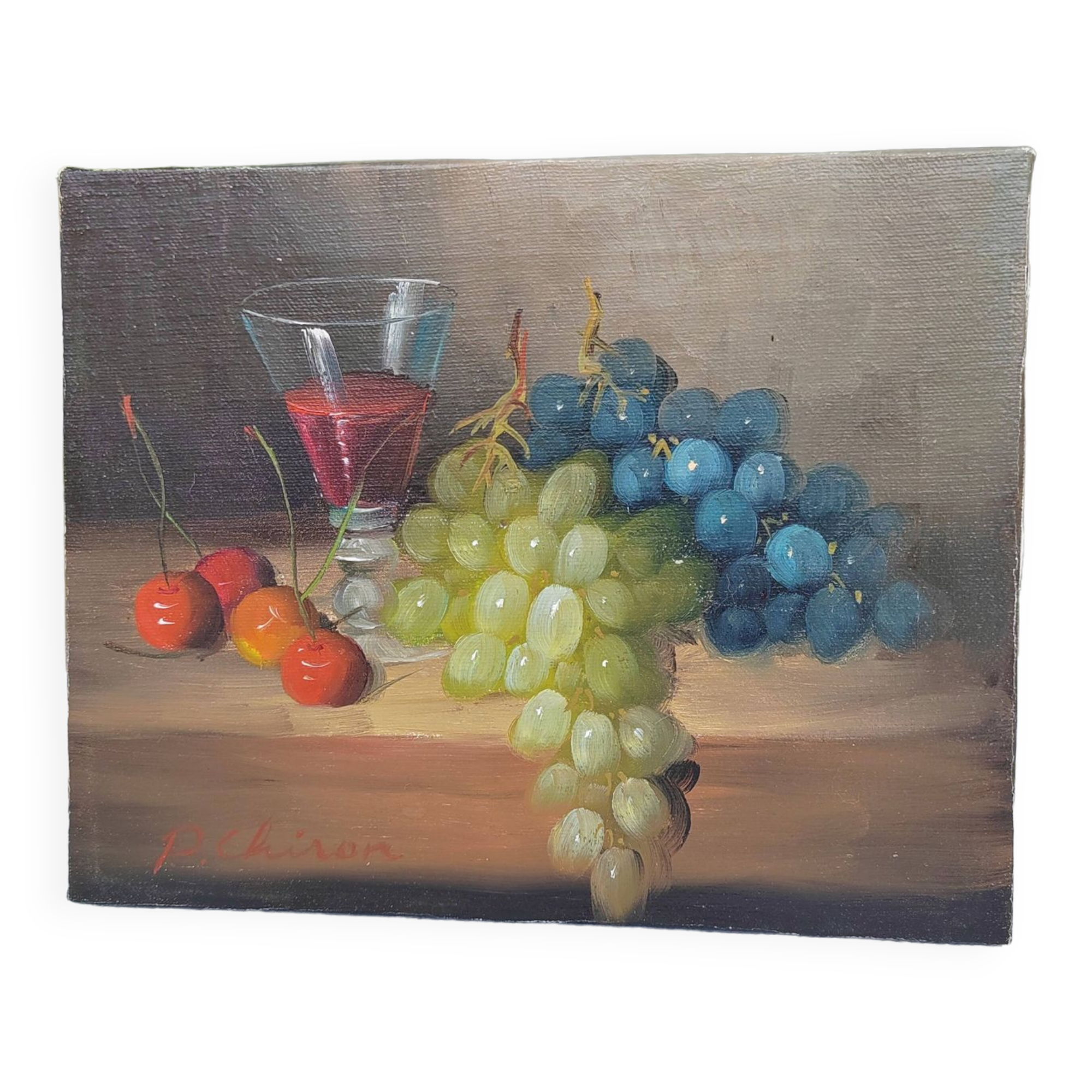 Small painting signed still life "Grapes and wine"