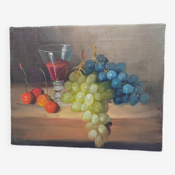 Small painting signed still life "Grapes and wine"