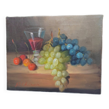 Small painting signed still life "Grapes and wine"