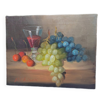 Small painting signed still life "Grapes and wine"