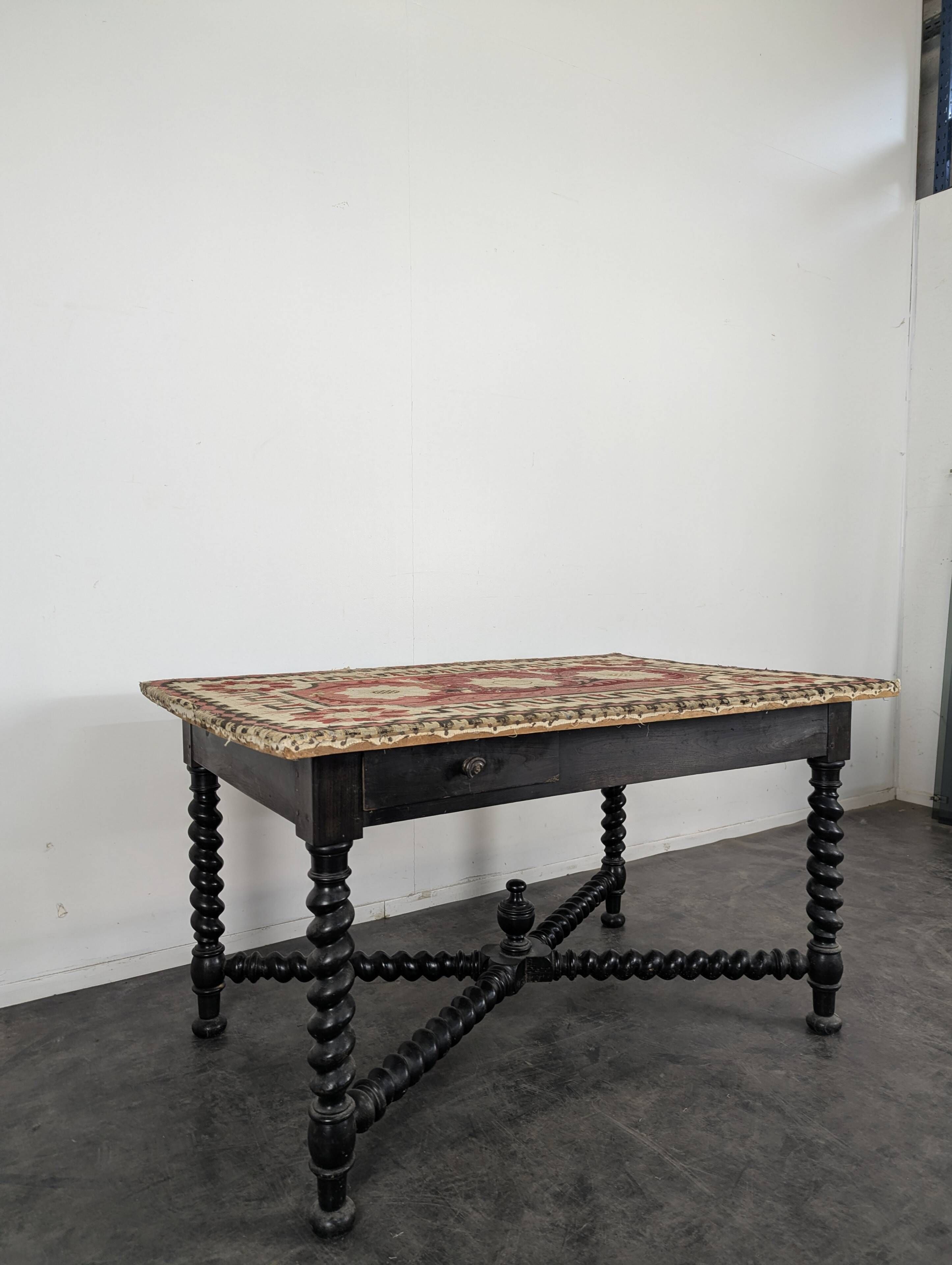 Louis XIII style table in blackened wood and tapestry