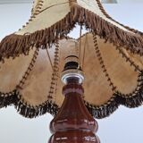 Vintage ceramic table lamp with hand-stitched leather shade, 1980s.