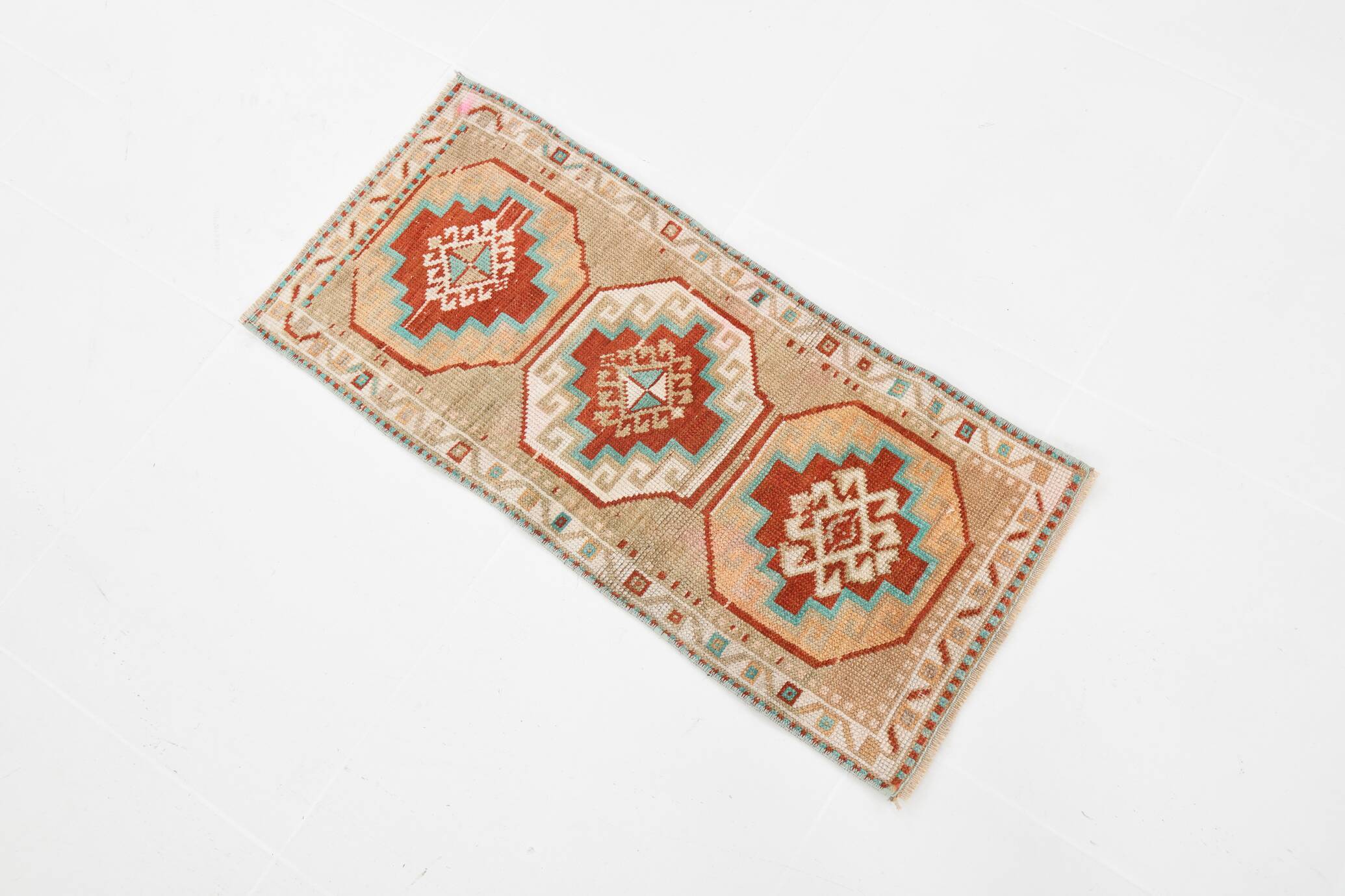 Beige & Red Small Size Vintage Wool Rug, Turkish Doormat Rug