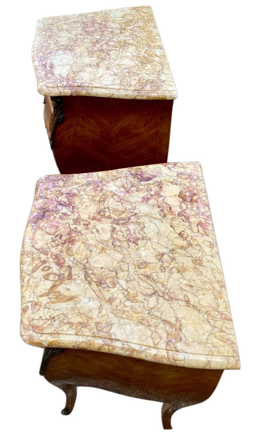 Pair of bedside tables in marquetry – veined marble top – Louis XV style