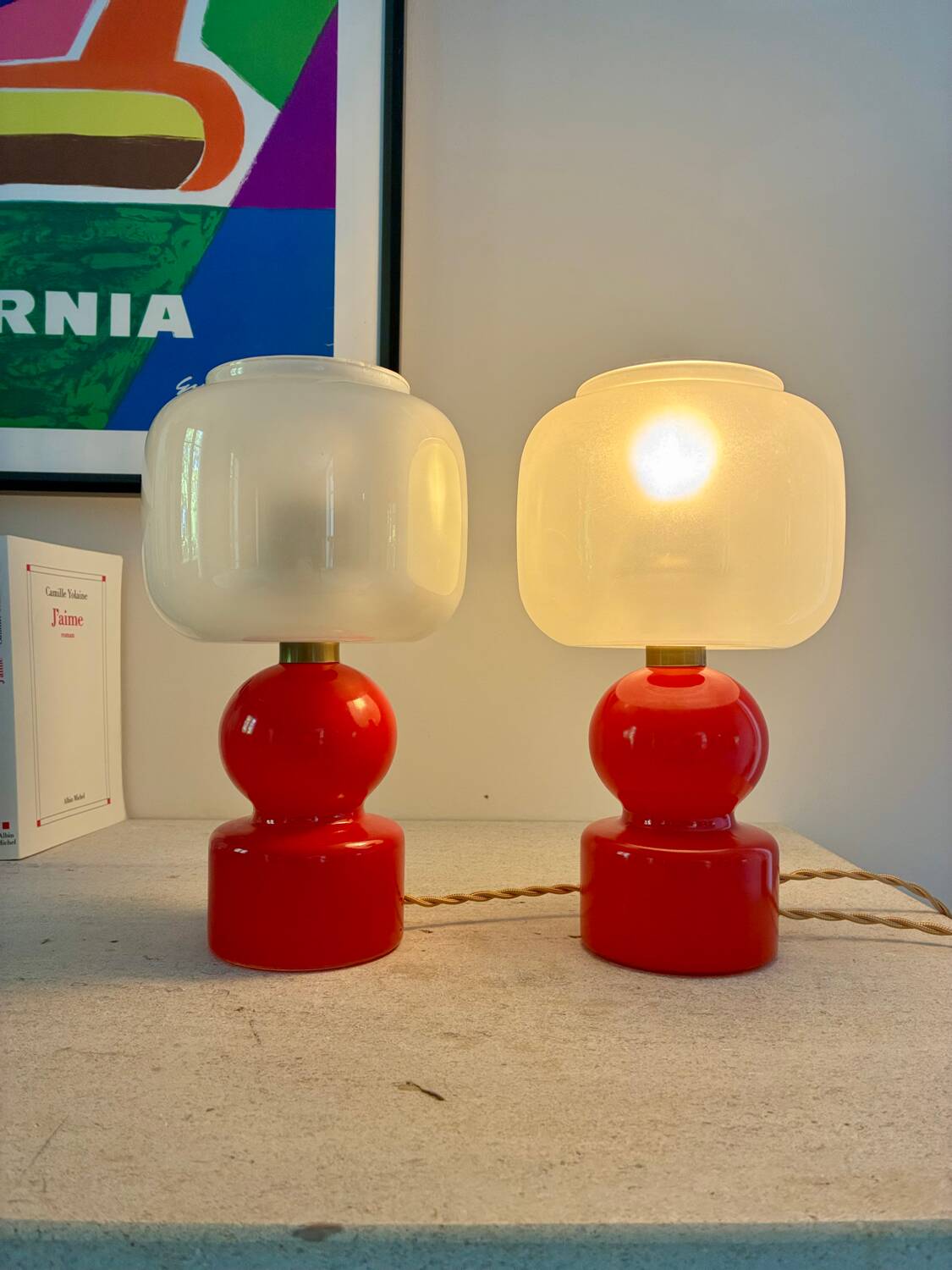 Pair of bright red glass "Globes" bedside lamps, 1960
