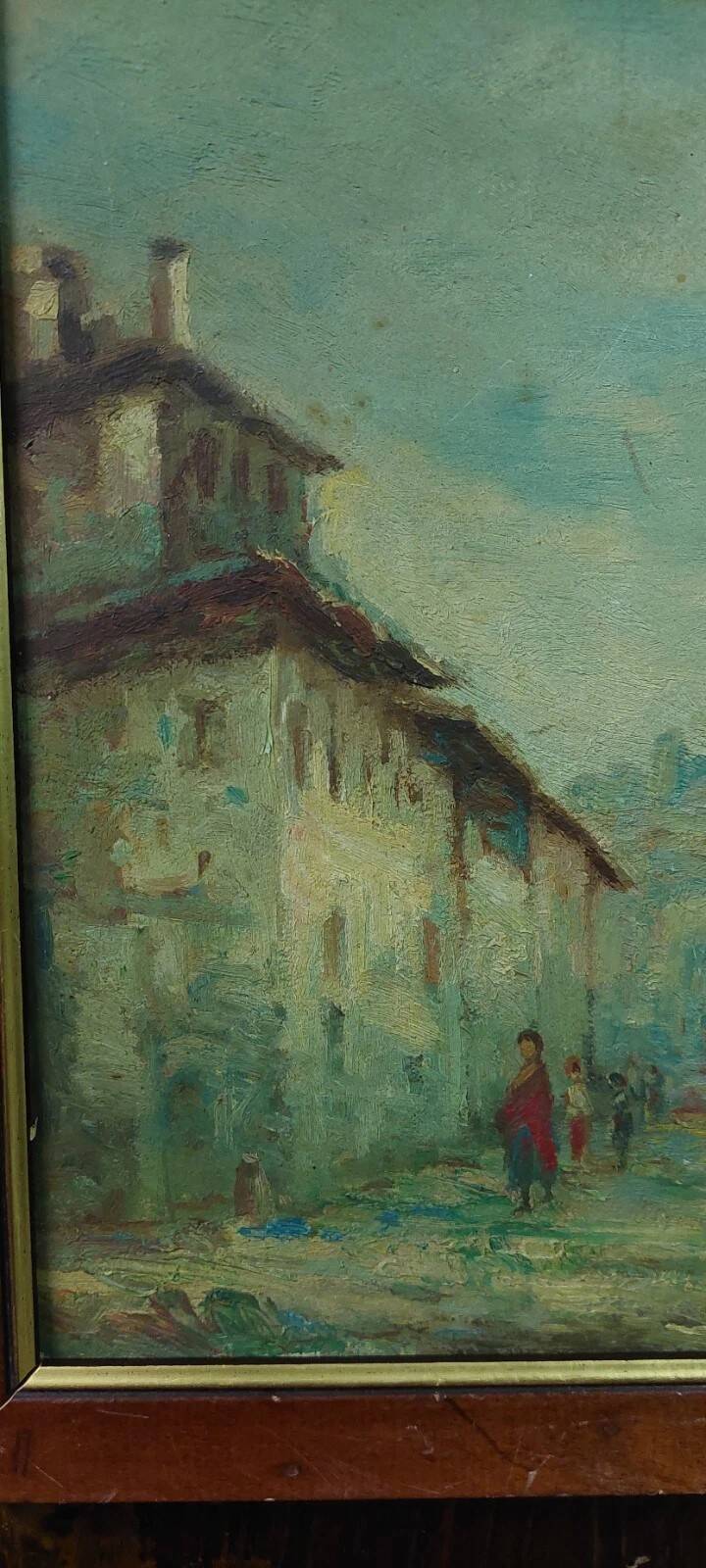 Antique oil painting on faesite early 1900s countryside view