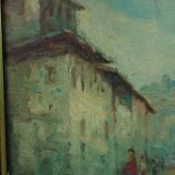 Antique oil painting on faesite early 1900s countryside view