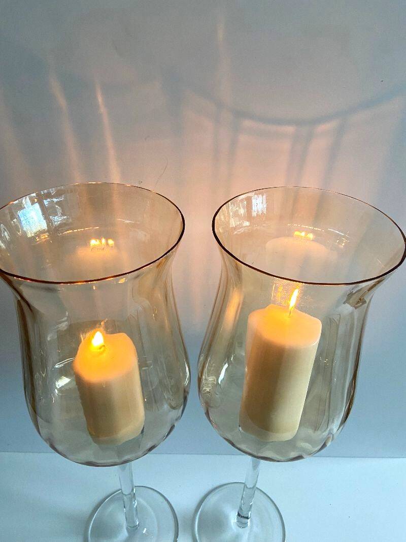 Duo of Tealight Holders Vases Candle Holders on Stand Blown Crystal Glass Amber