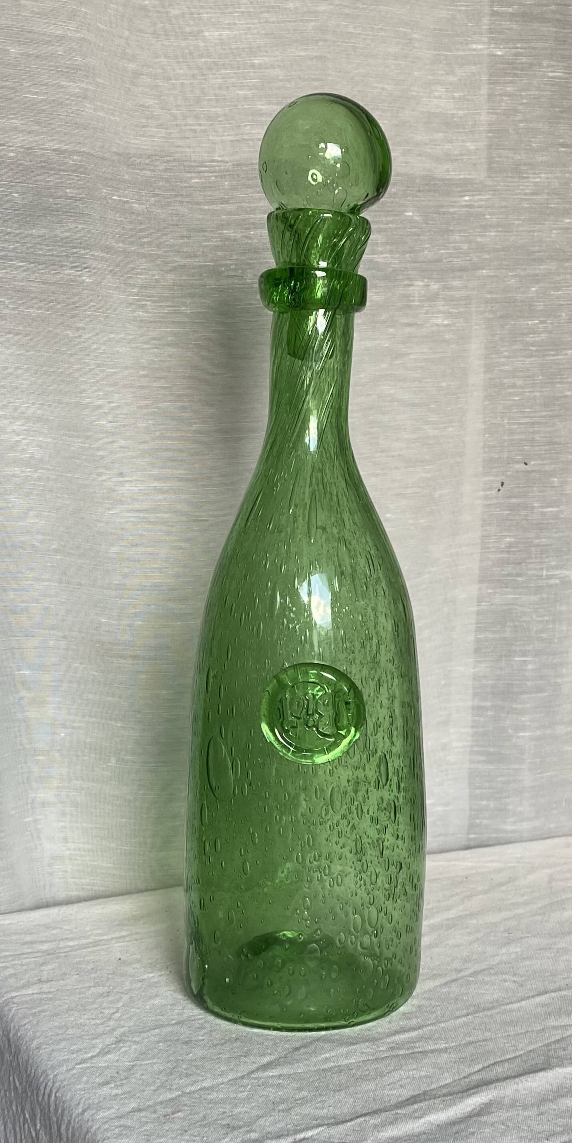 Biot-signed bubble glass bottle, green carafe