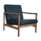 Fauteuil en bois poli vintage du milieu du siècle en cuir noir italien véritable