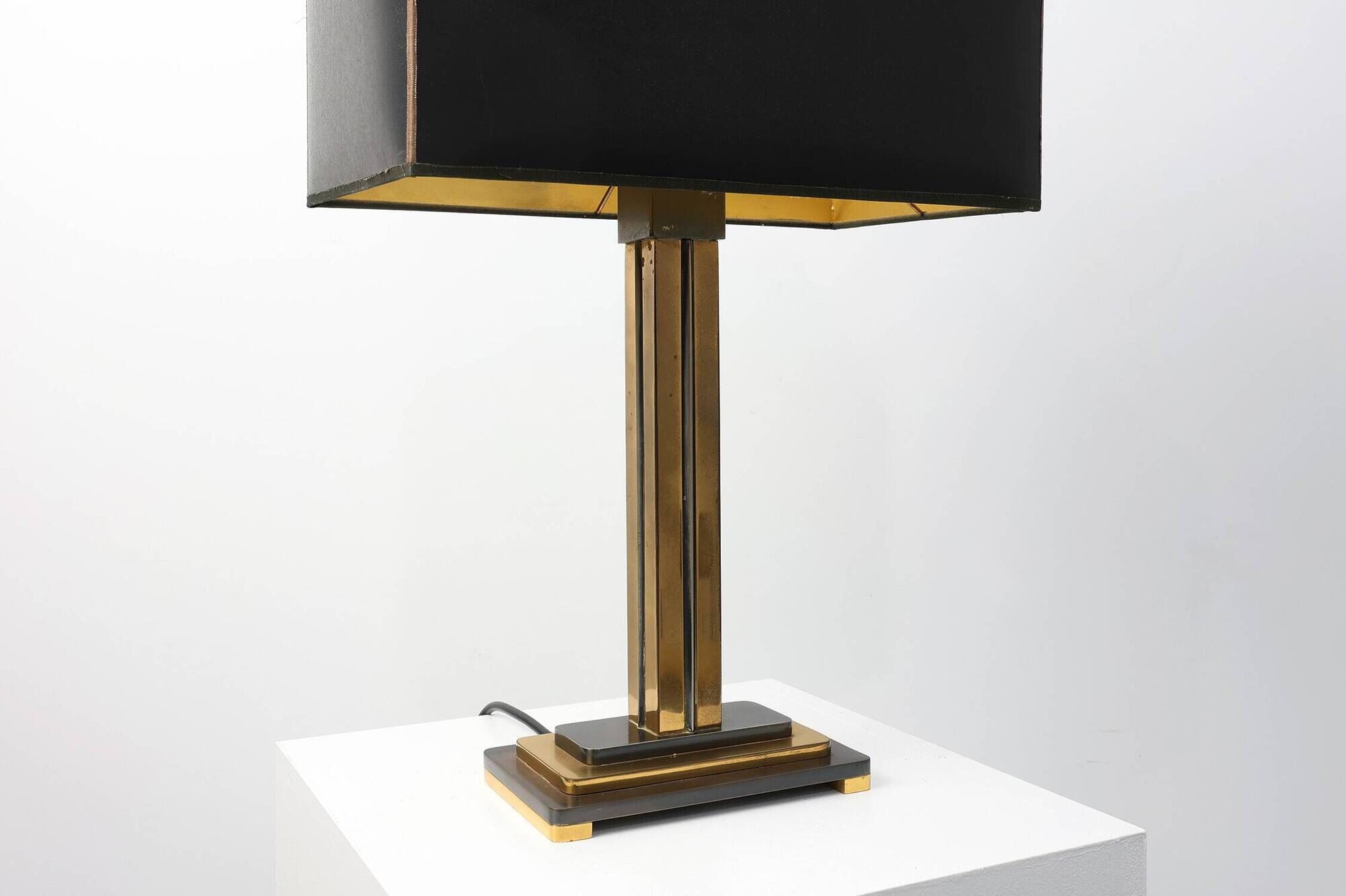 Brass table lamp with black rectangular shade by Deknudt, Belgium, 1970s