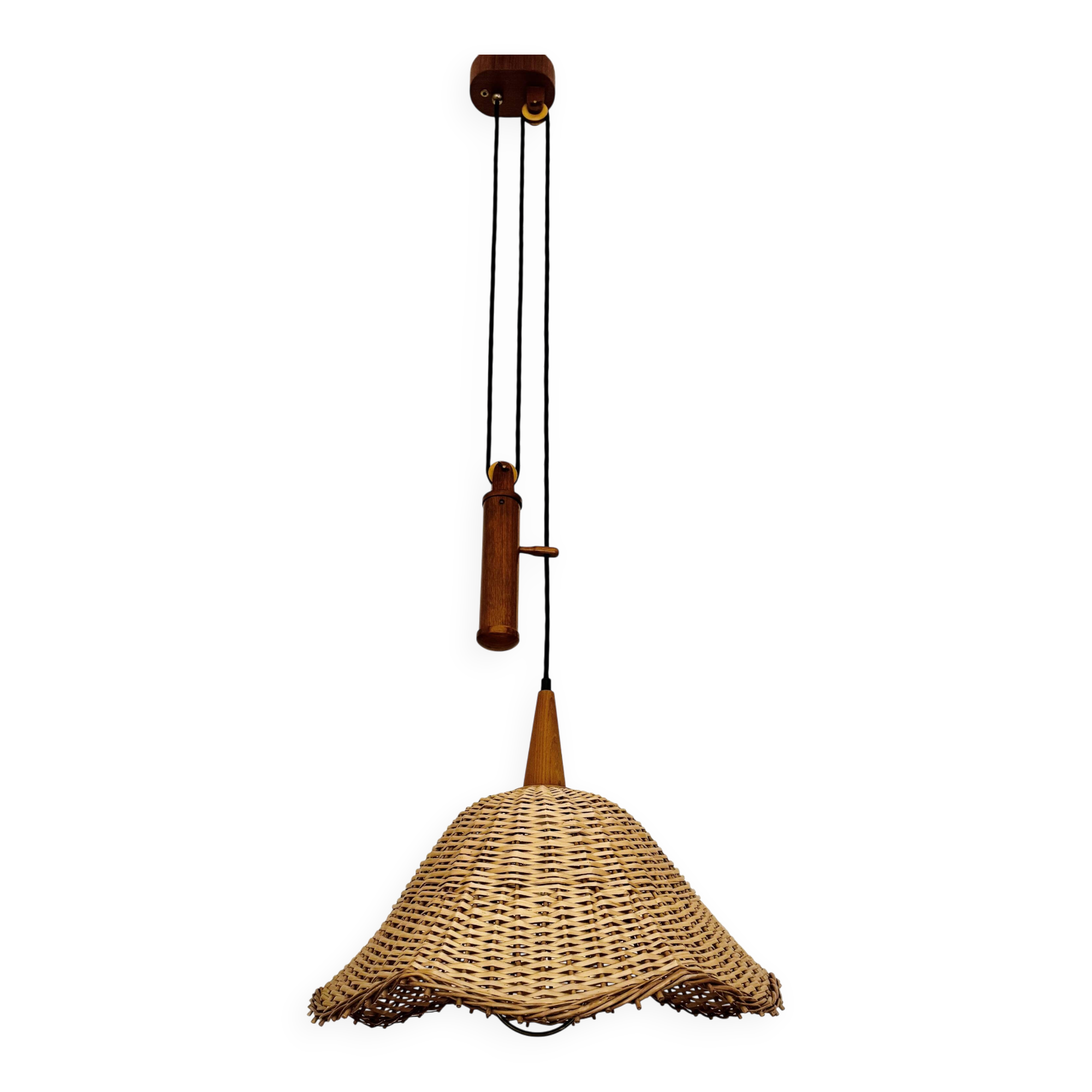 Adjustable Wicker and Teak Pendant Lamp