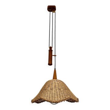 Lampe suspendue en rotin et teck réglable