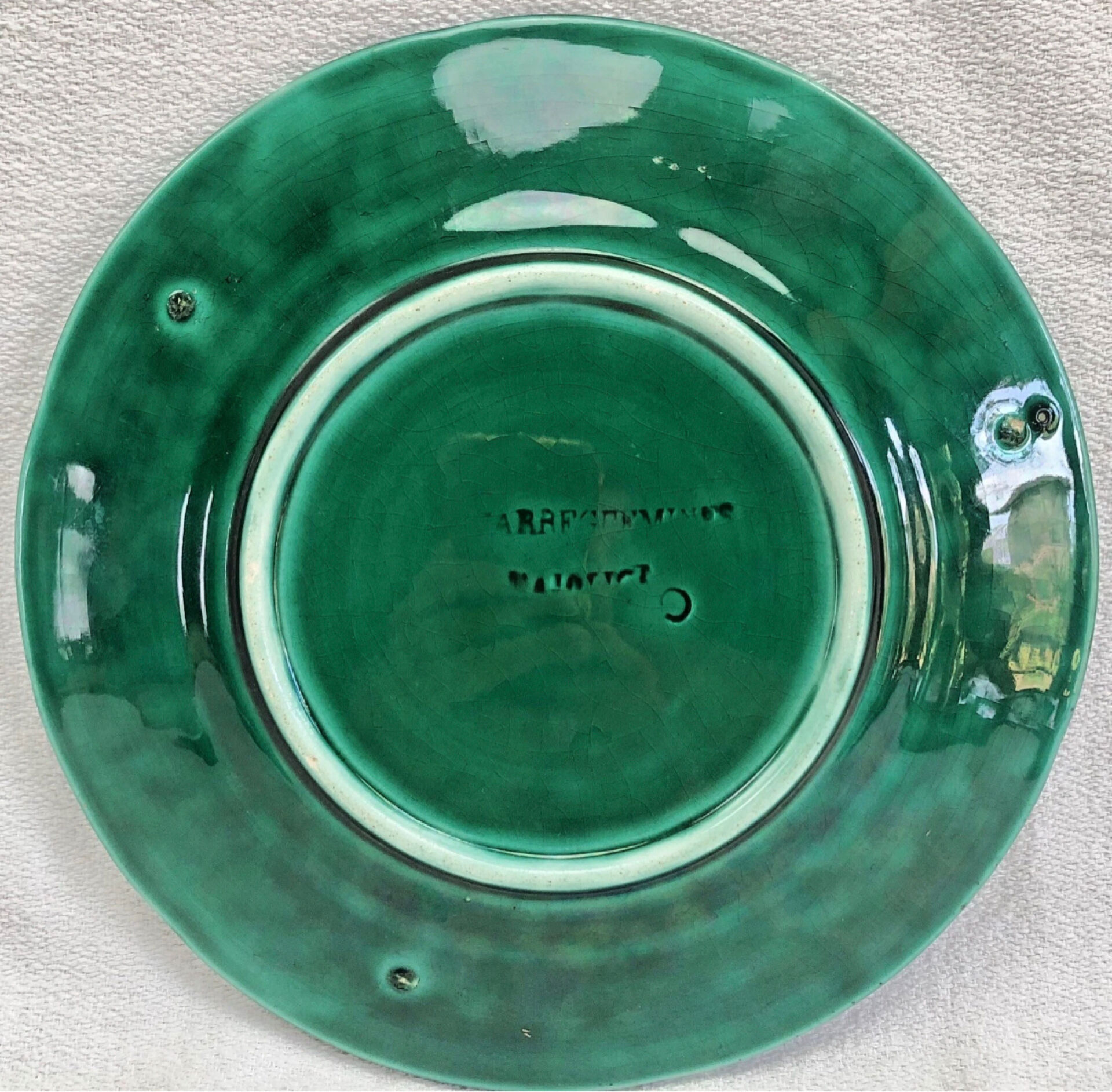 3 dessert plates XIX Sarreguemines Majolica shaded enamel Rubelles