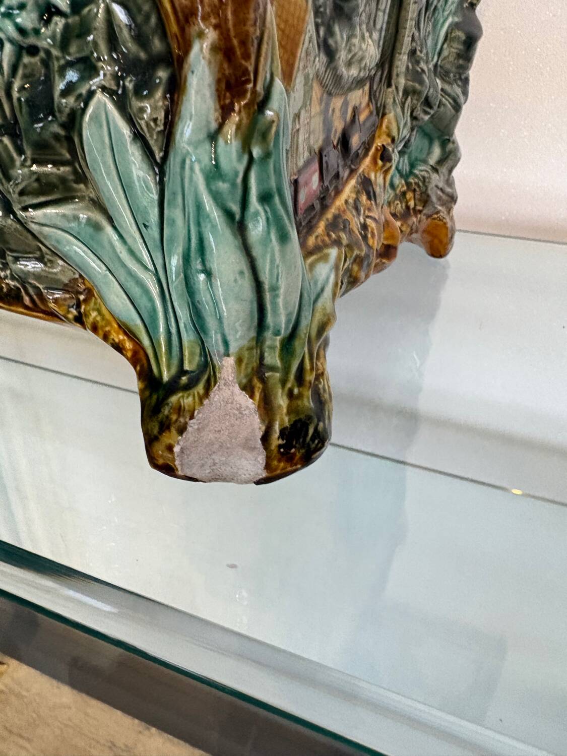 Antique cache-pot in earthenware barbotine – landscape & train decoration – early