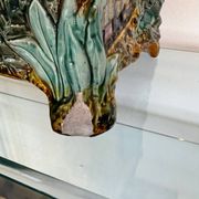 Antique cache-pot in earthenware barbotine – landscape & train decoration – early