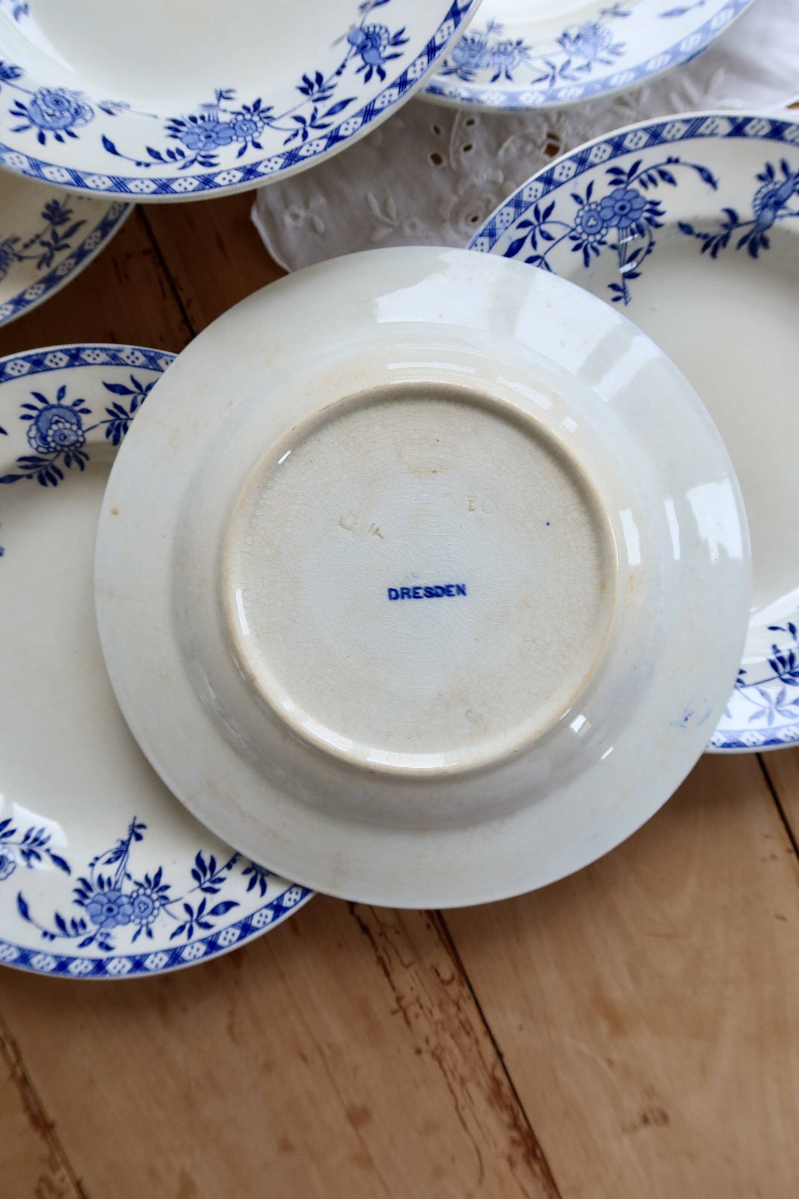 6 antique deep plates, blue and white Dresden porcelain