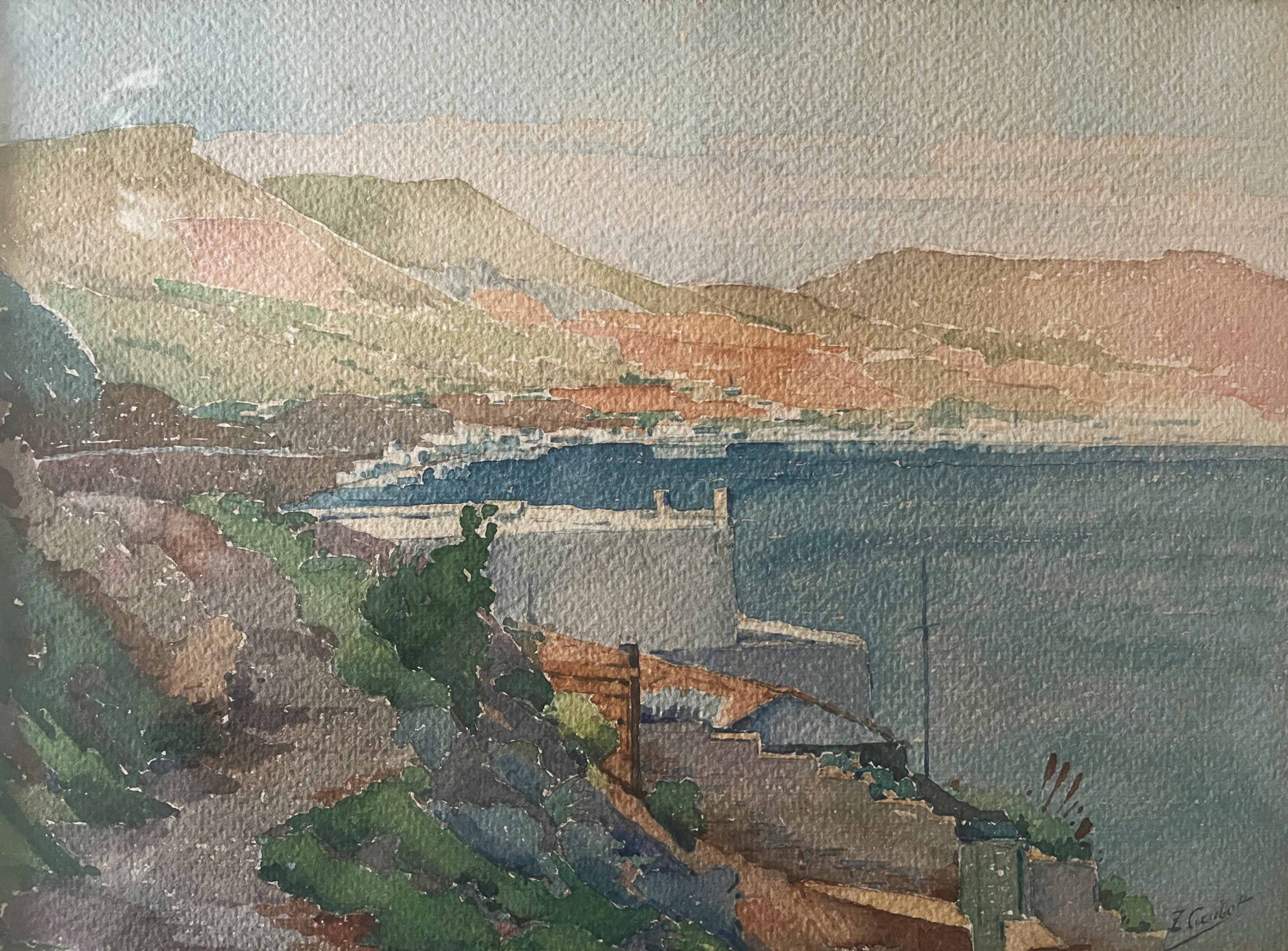 Tableau Aquarelle Paysage Marine Orientaliste (Algérie) + cadre