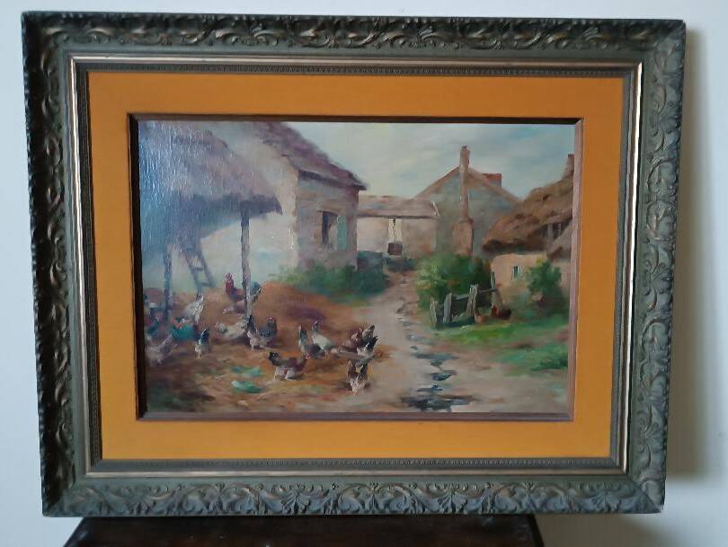 Oil painting on canvas Edmond Van Coppenolle (1846-1914) Landscape with chickens
