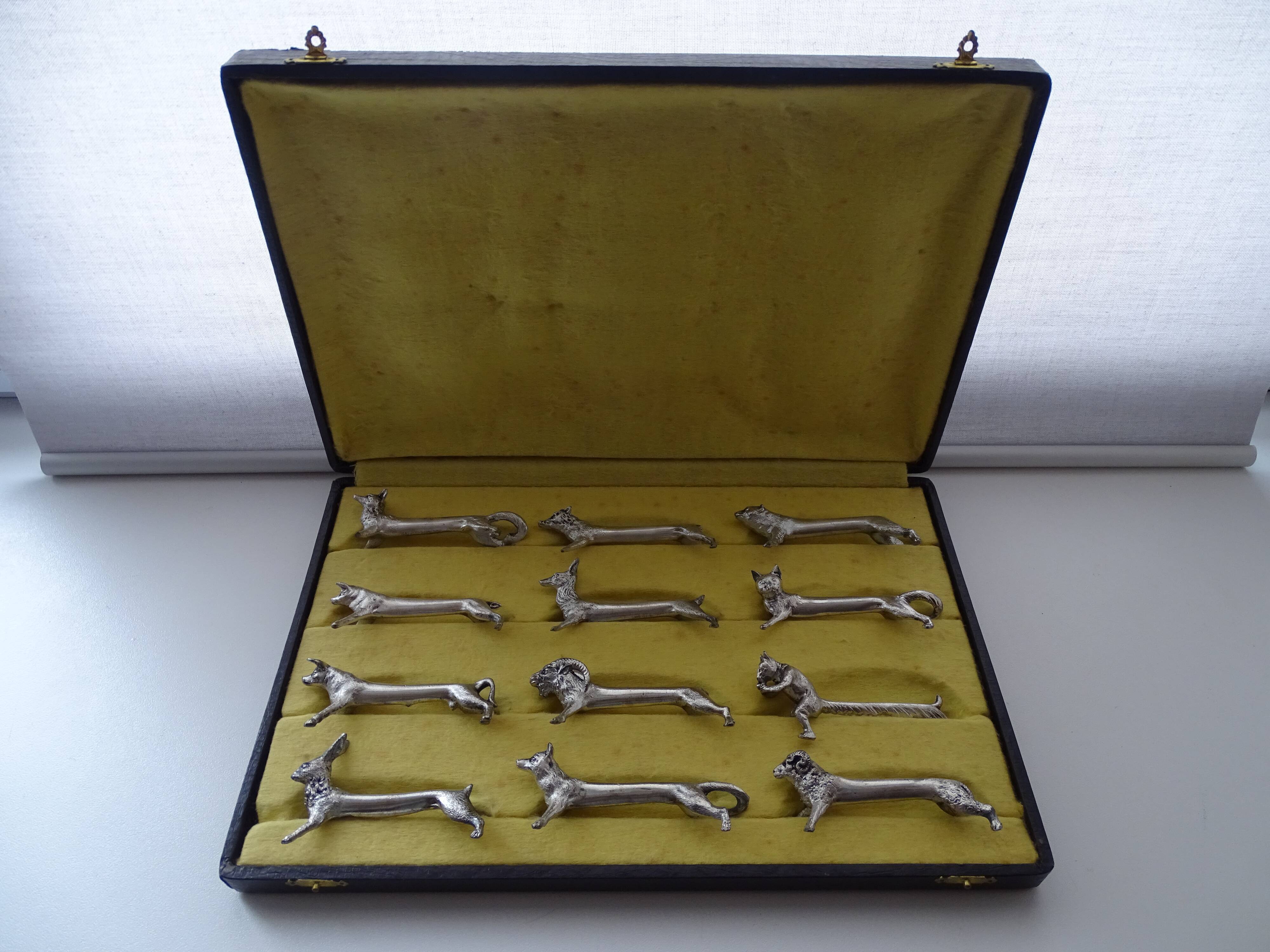 12 animal knife holders Art Deco antique silver metal in case