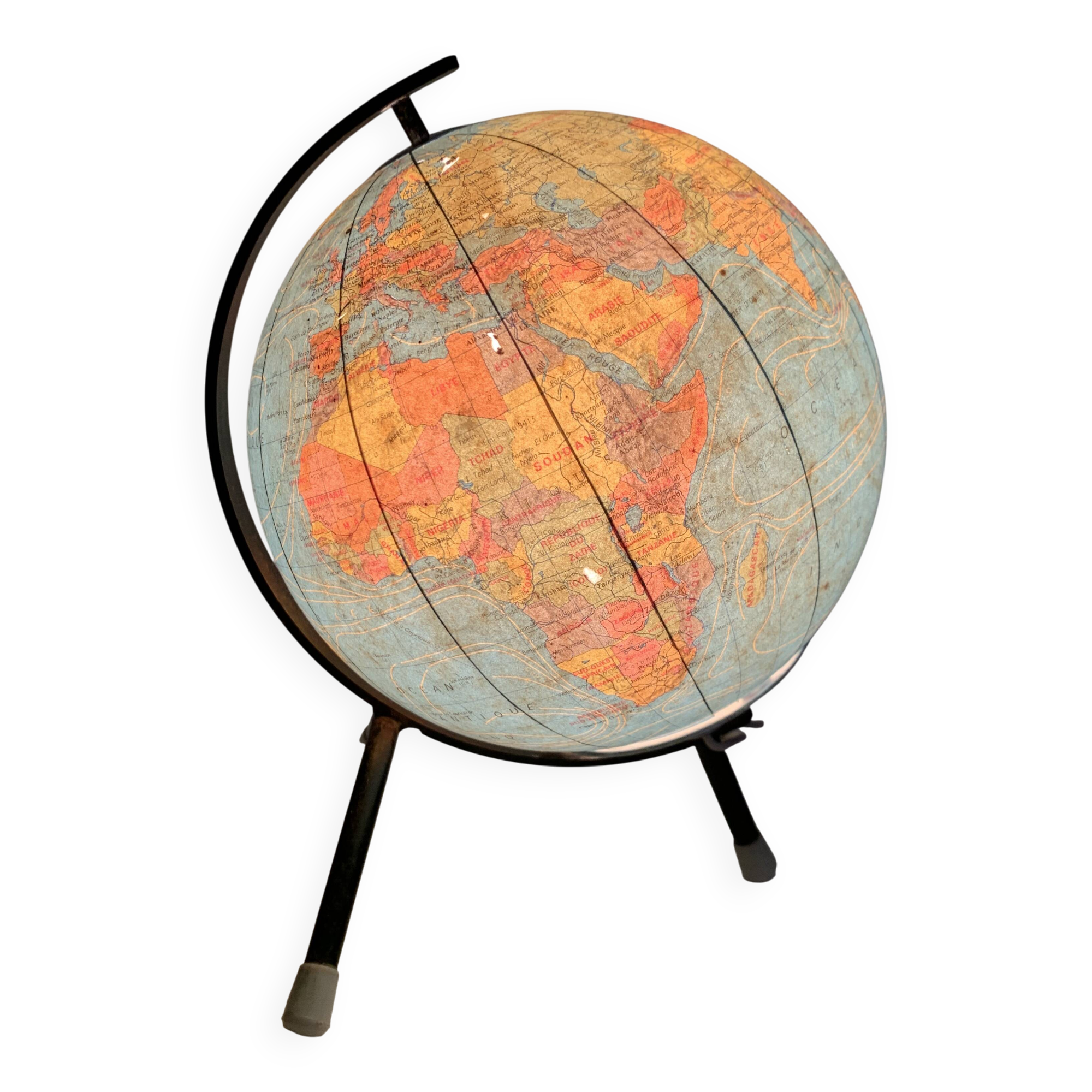 Globe vintage 1972 terrestre verre Taride tripode - 22 cm
